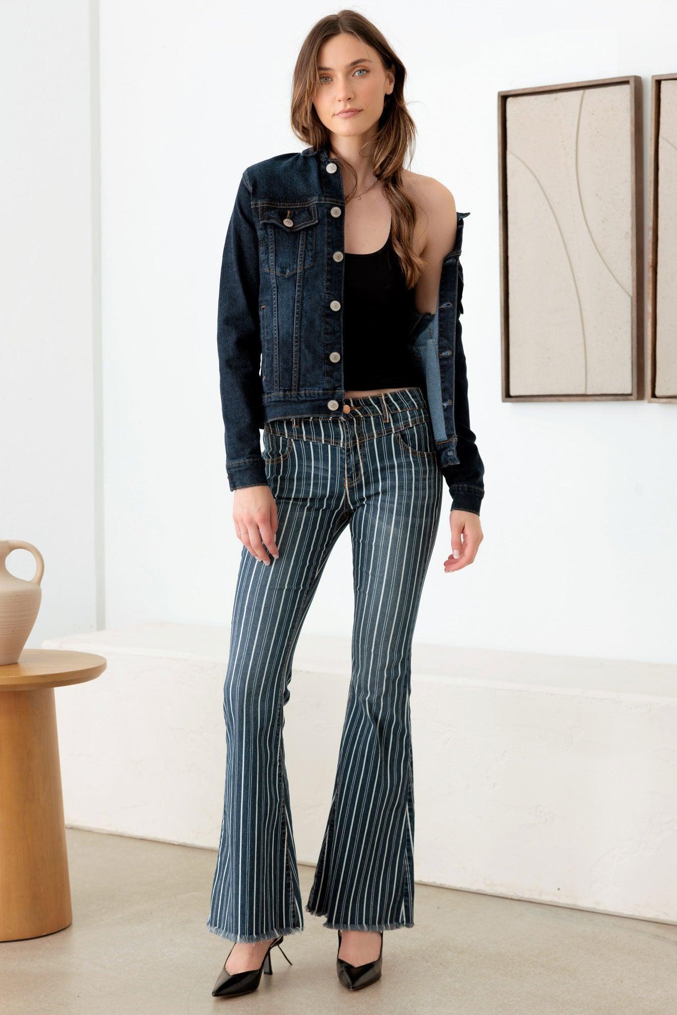 Mid Waist Stripe Flare Denim Pants - Tasha Apparel Wholesale