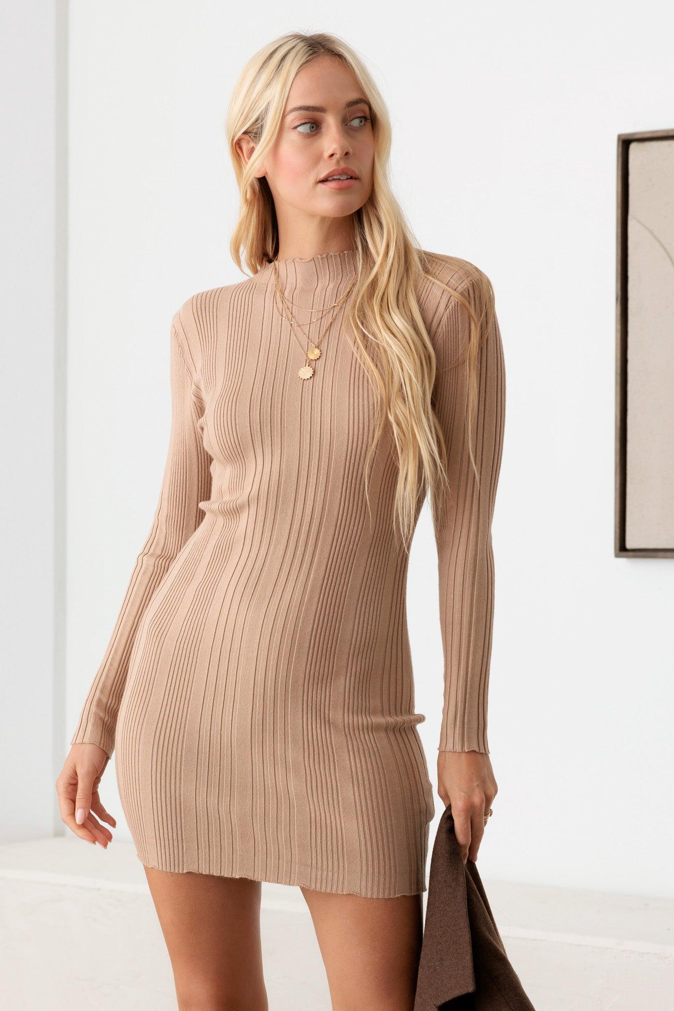 Long Sleeve Ribbed Mock Neck Mini Sweater Dress - Tasha Apparel Wholesale