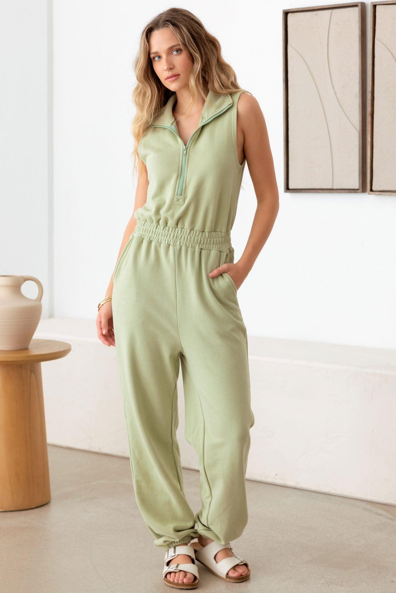 Sleeveless Mock Neck Front Zipper Jumpsuit - Tasha Apparel Wholesale