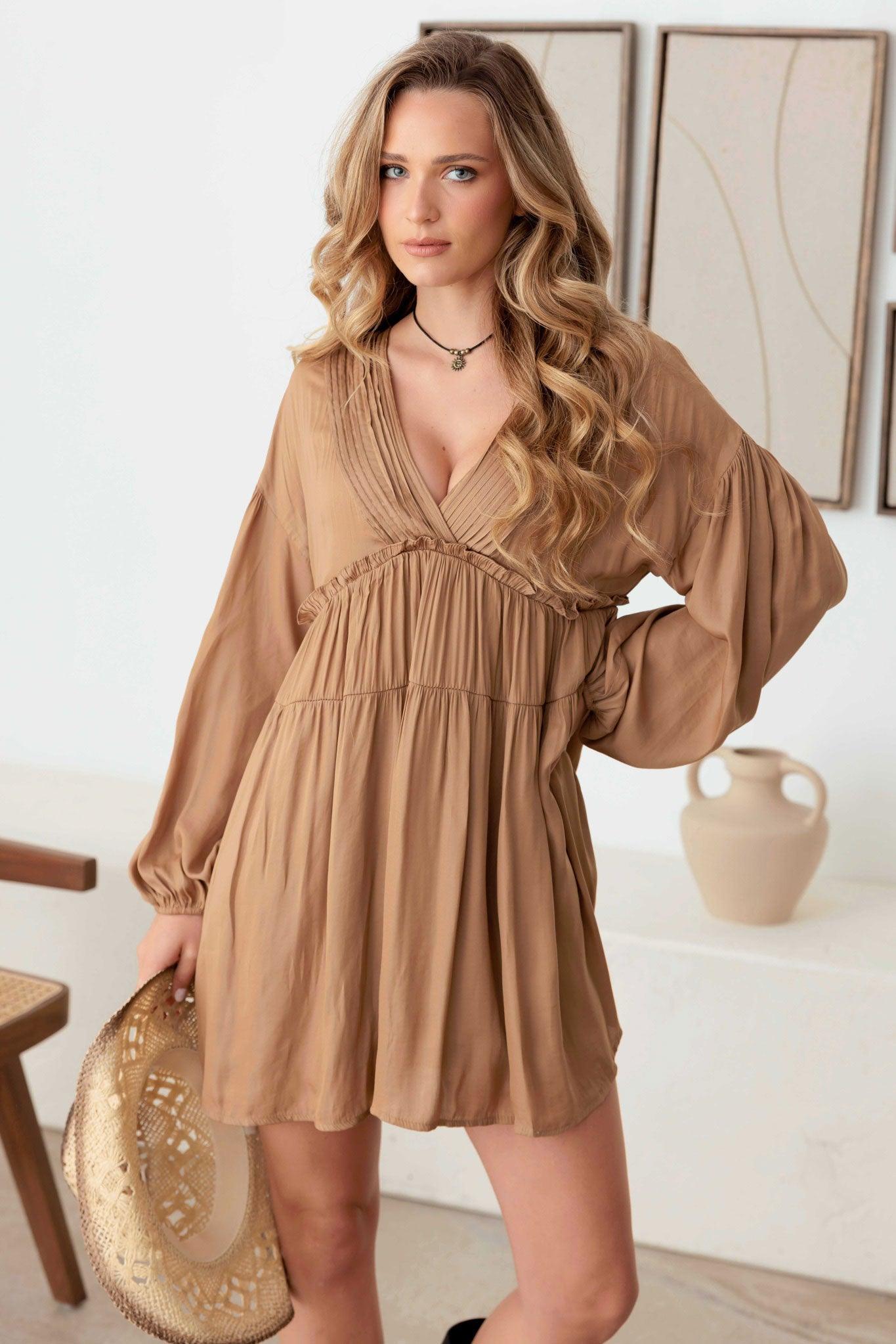 Tiered Double Side Pocket Balloon Sleeve Satin Dress - Tasha Apparel Wholesale