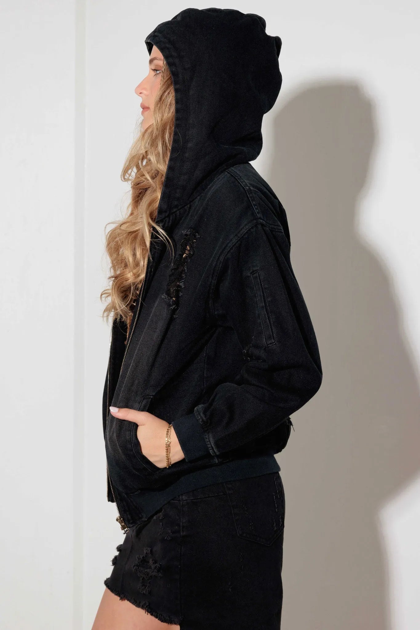 Black Sherpa-Lined Distressed Denim Hoodie Jacket - Tasha Apparel Wholesale