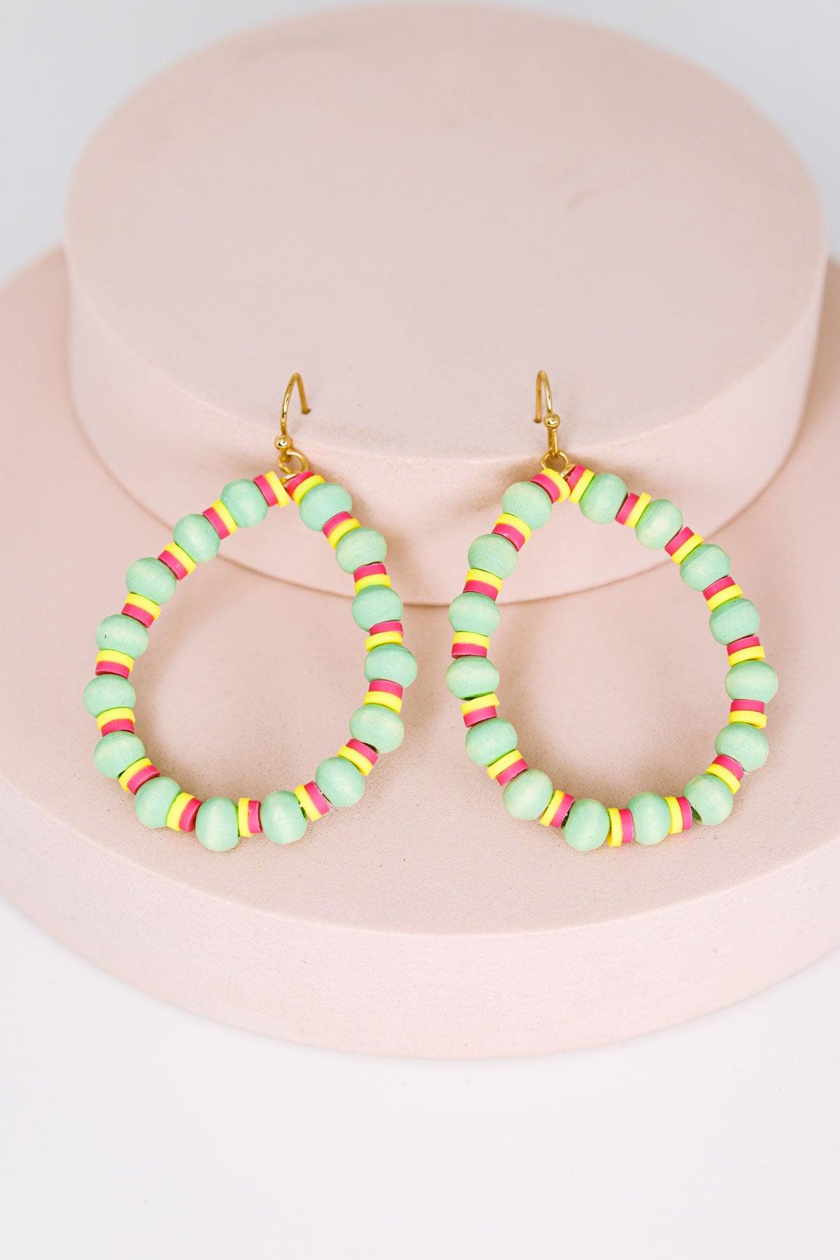 Boho Metal Hoops Wood and Rubber Bead Round Earrings - Tasha Apparel Wholesale