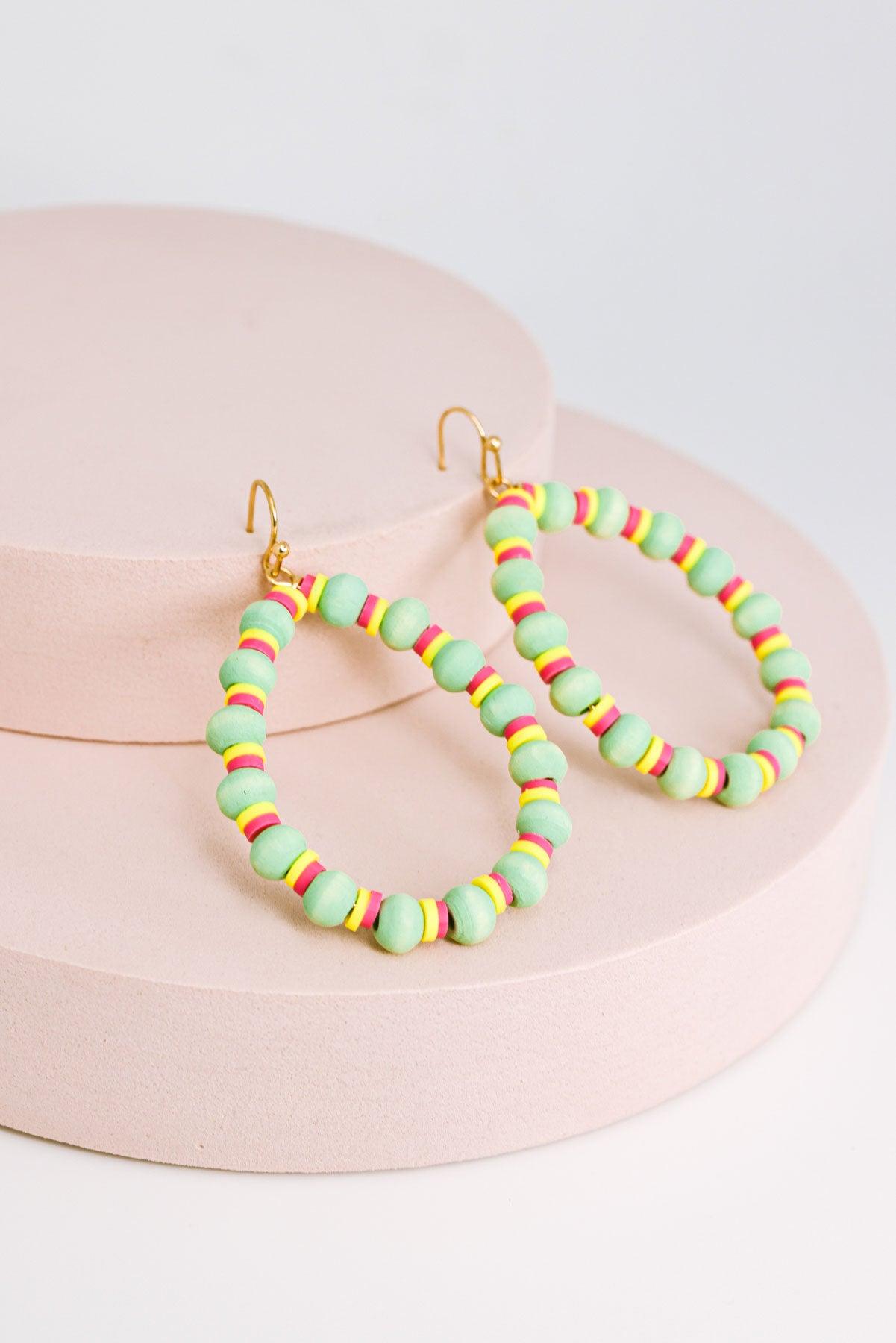 Boho Metal Hoops Wood and Rubber Bead Round Earrings - Tasha Apparel Wholesale