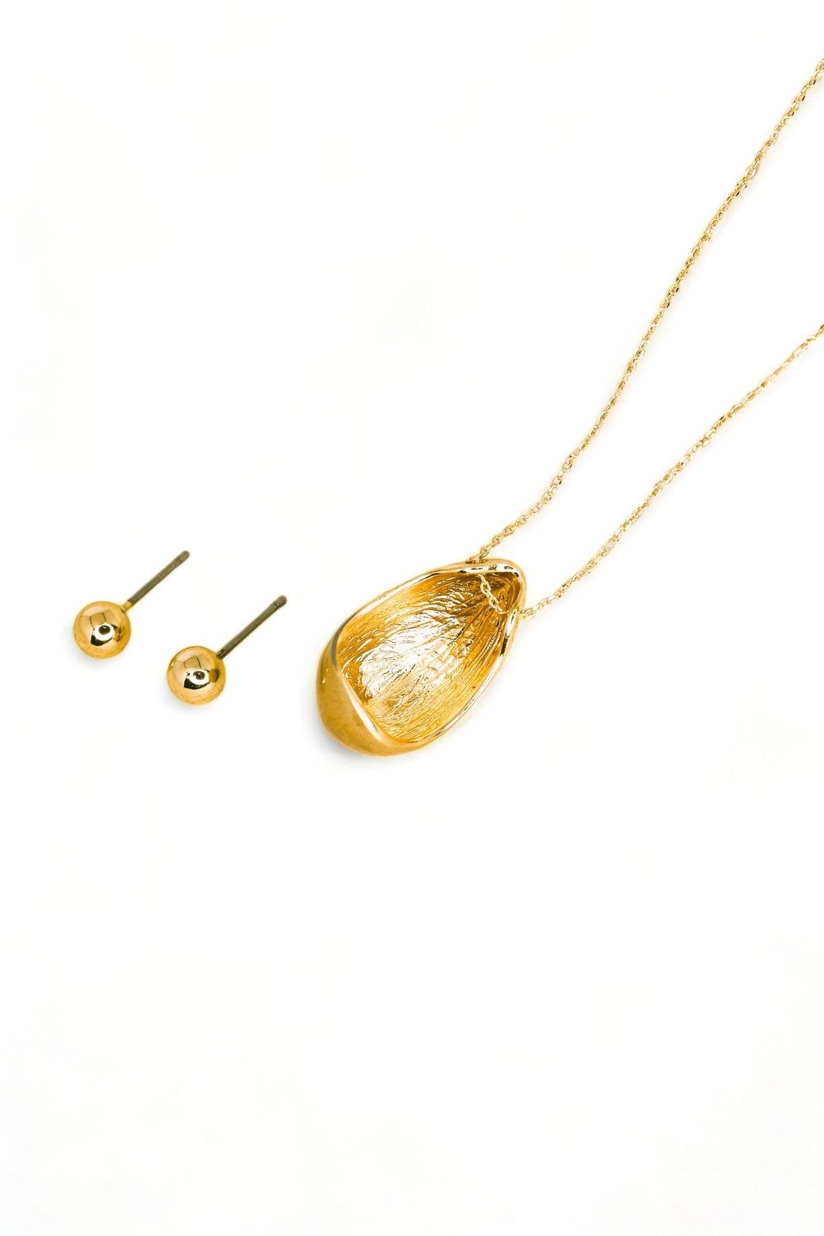 Ball Shape Earrings Oval Dome Pendant Gold Necklace Set - Tasha Apparel Wholesale