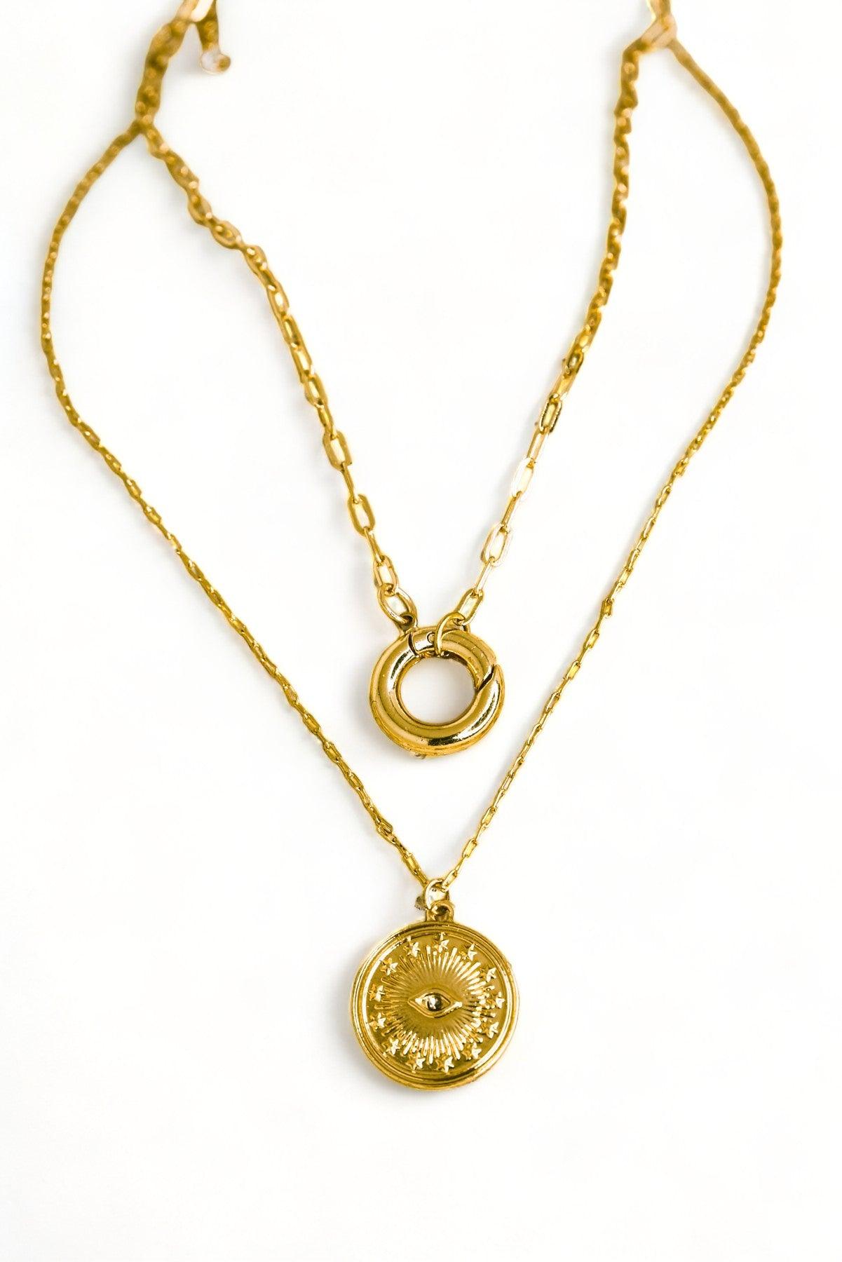 Gold Double Chin Evil Eye Coin Disc Pendant Necklace - Tasha Apparel Wholesale