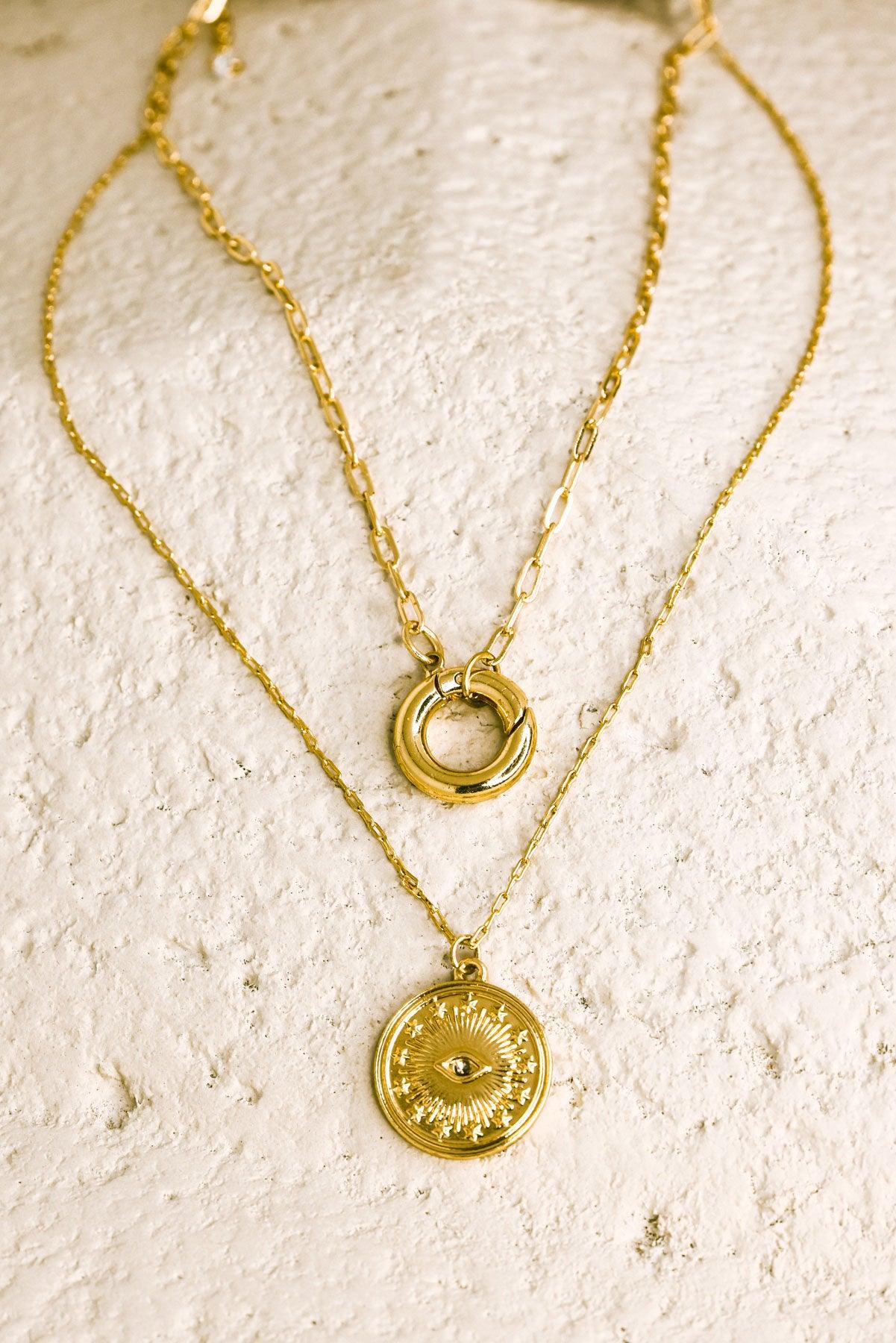 Gold Double Chin Evil Eye Coin Disc Pendant Necklace - Tasha Apparel Wholesale