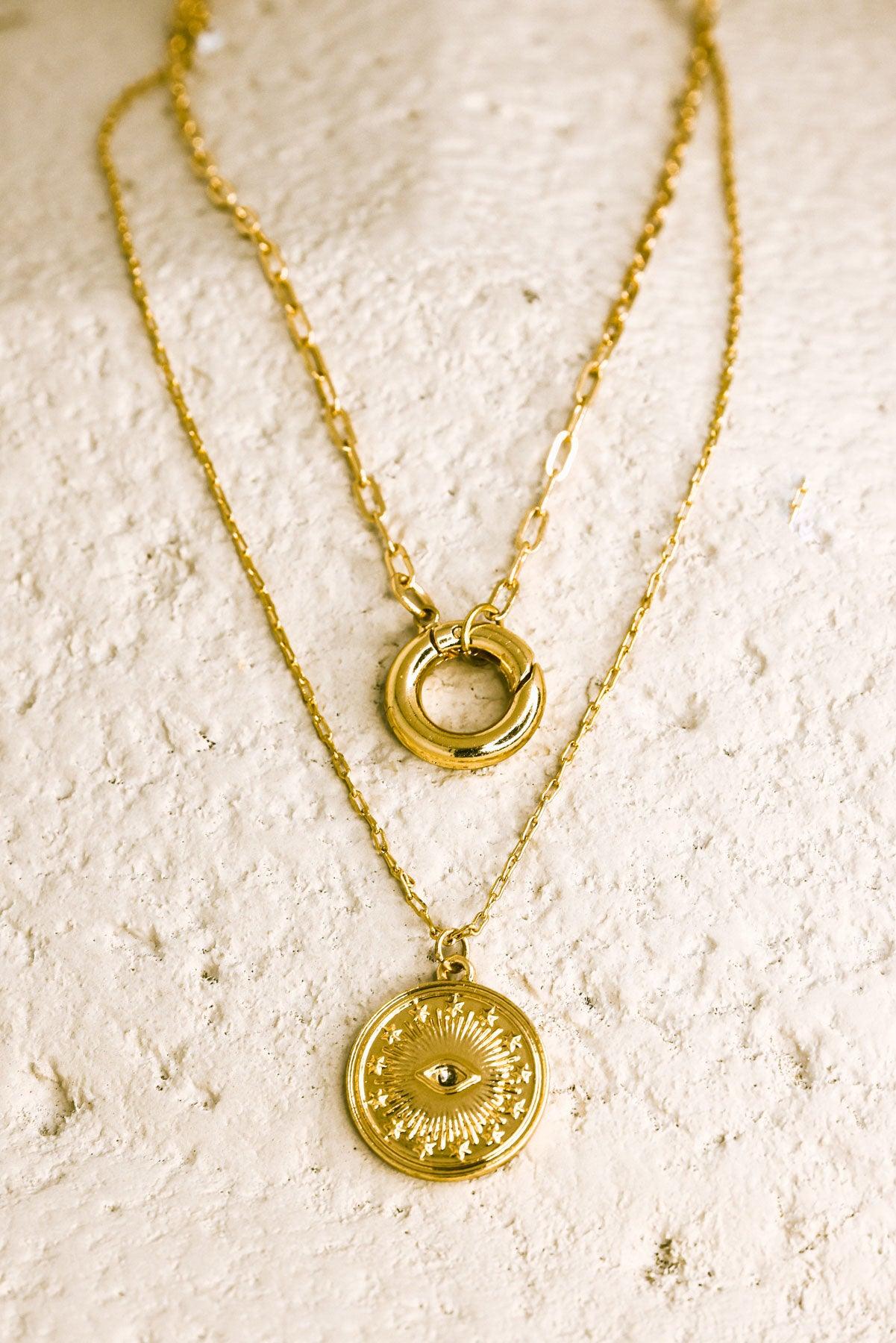 Gold Double Chin Evil Eye Coin Disc Pendant Necklace - Tasha Apparel Wholesale