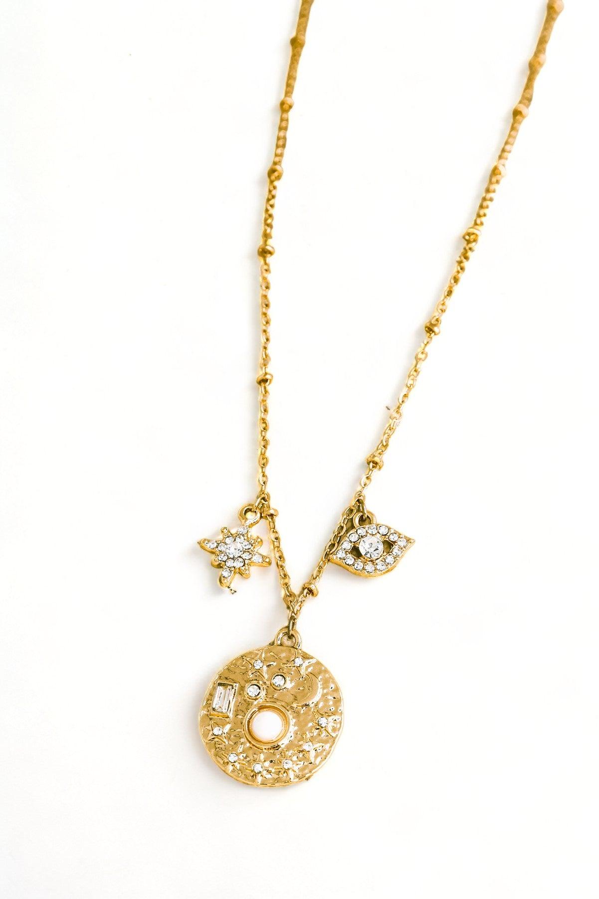 Gold Moon Star Evil Eye Rhinestone Pendent Necklace - Tasha Apparel Wholesale