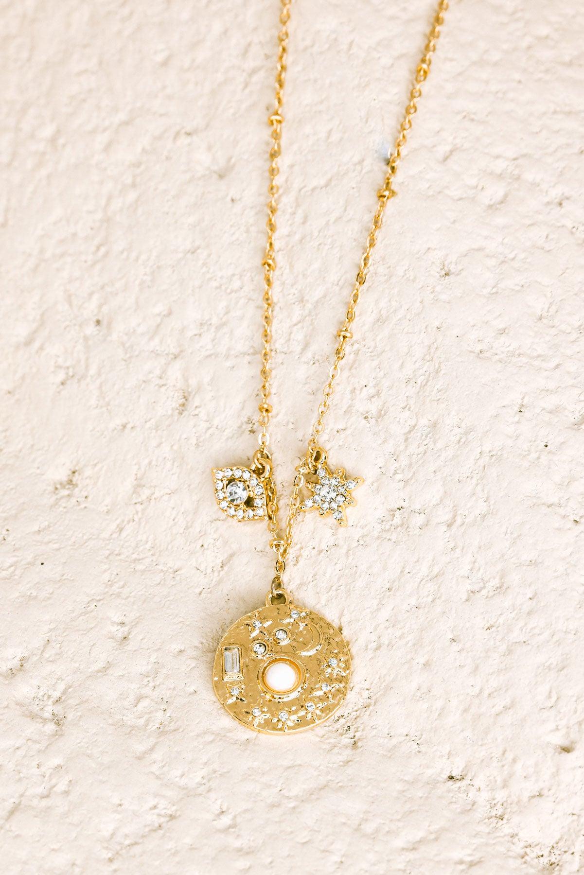 Gold Moon Star Evil Eye Rhinestone Pendent Necklace - Tasha Apparel Wholesale