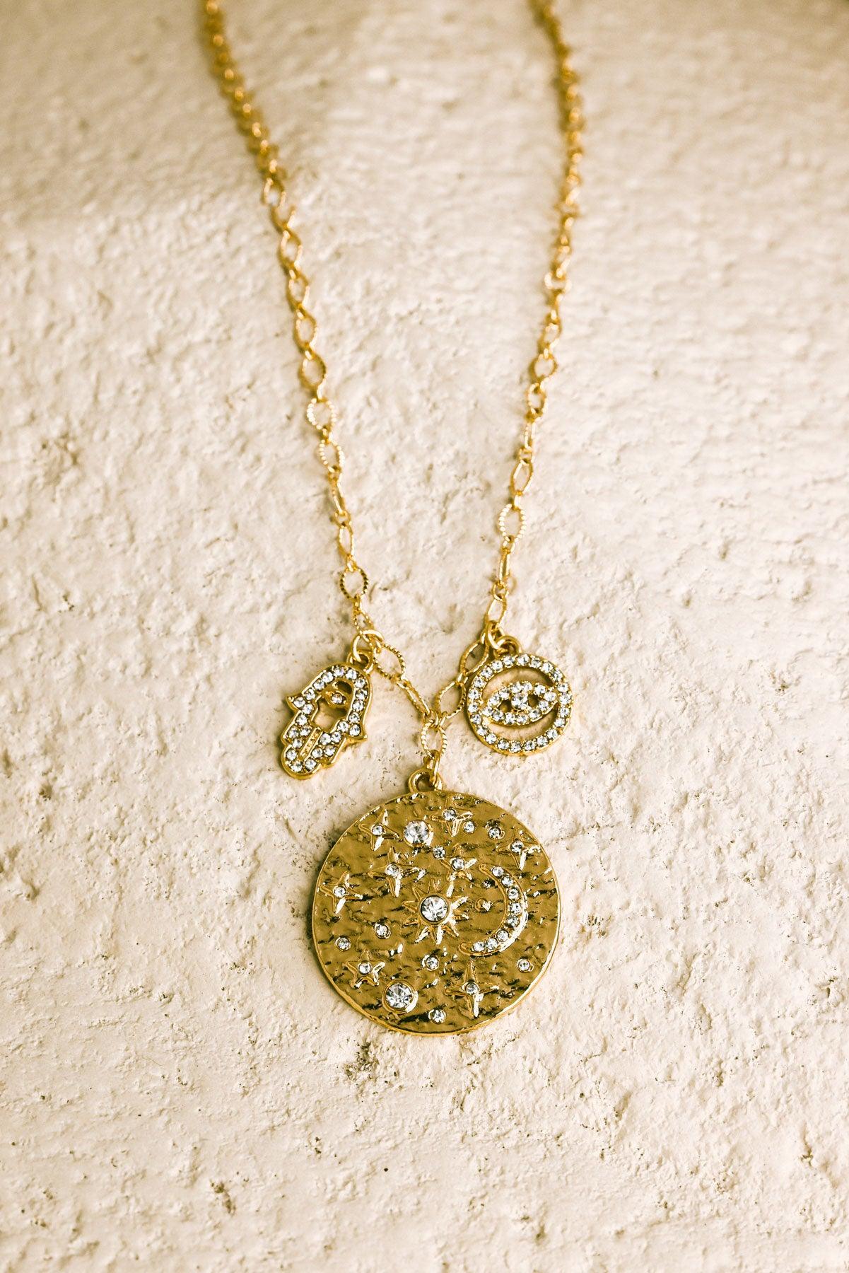 Moon Pendant Small Hamsa & Evil Eye Necklaces - Tasha Apparel Wholesale