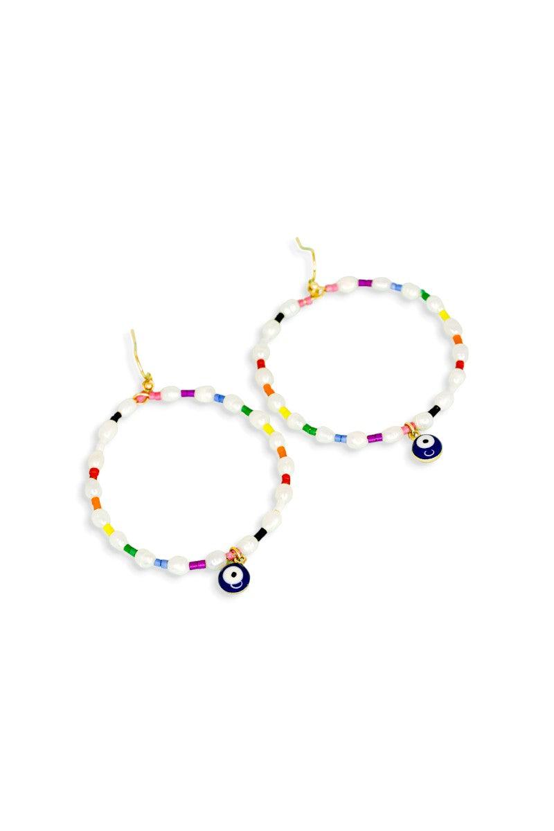 Evil Eye Stone Pearl With Seed Beads Metal Hoop Earrings - Tasha Apparel Wholesale