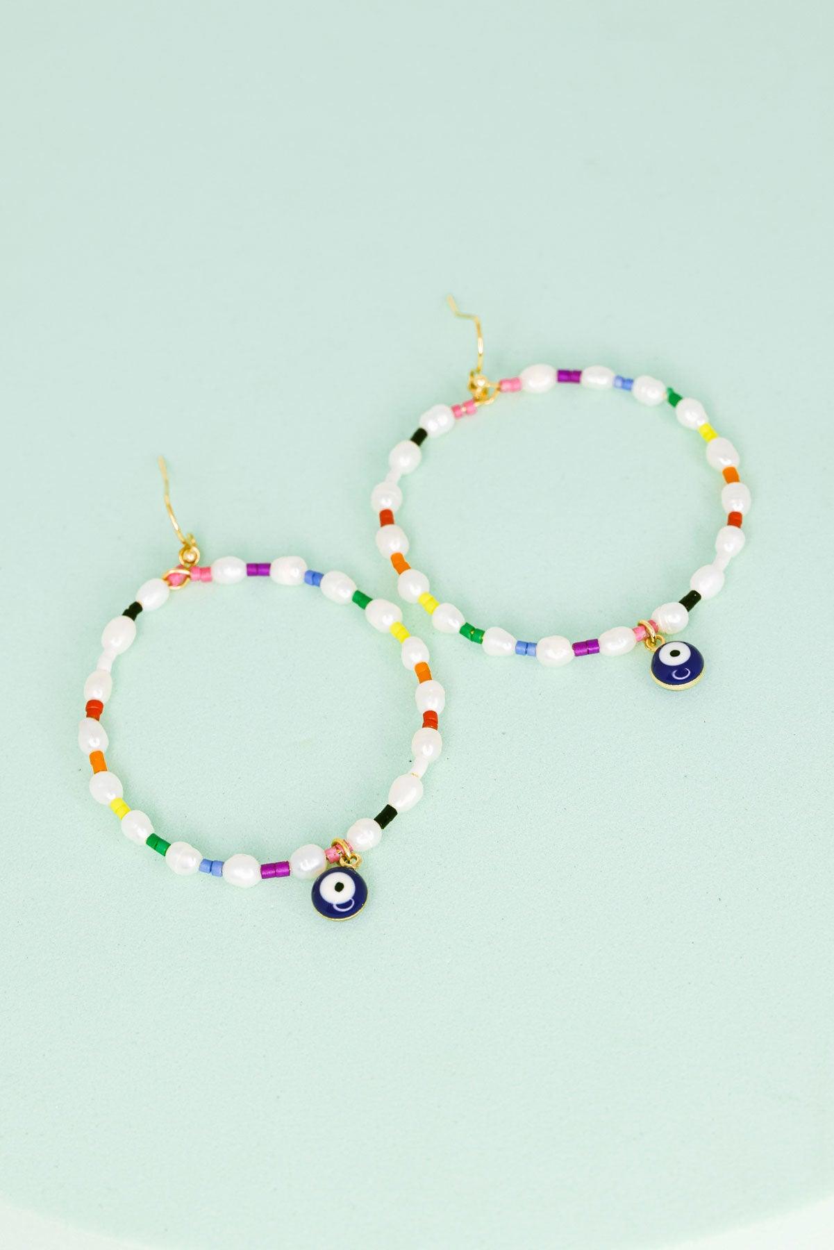 Evil Eye Stone Pearl With Seed Beads Metal Hoop Earrings - Tasha Apparel Wholesale