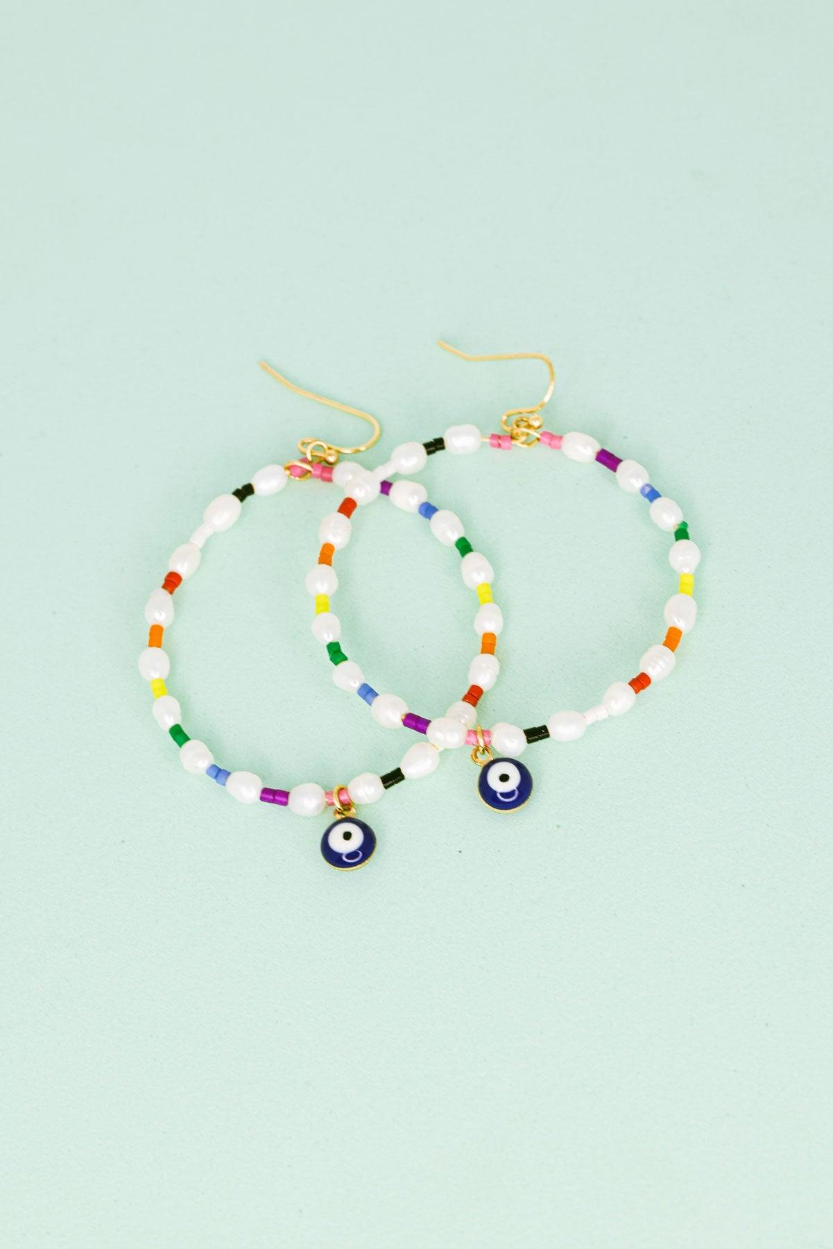 Evil Eye Stone Pearl With Seed Beads Metal Hoop Earrings - Tasha Apparel Wholesale