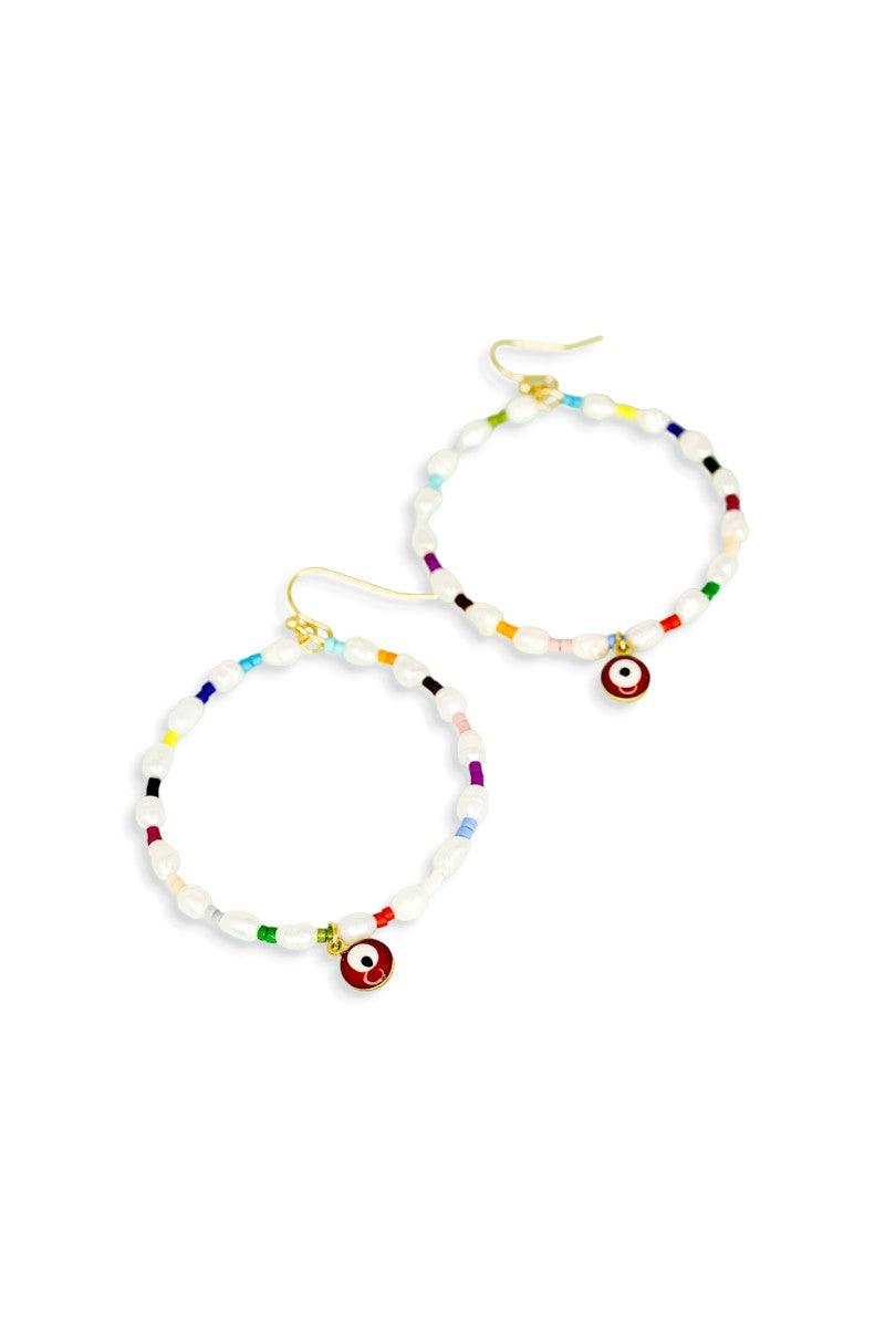 Evil Eye Stone Pearl With Seed Beads Metal Hoop Earrings - Tasha Apparel Wholesale