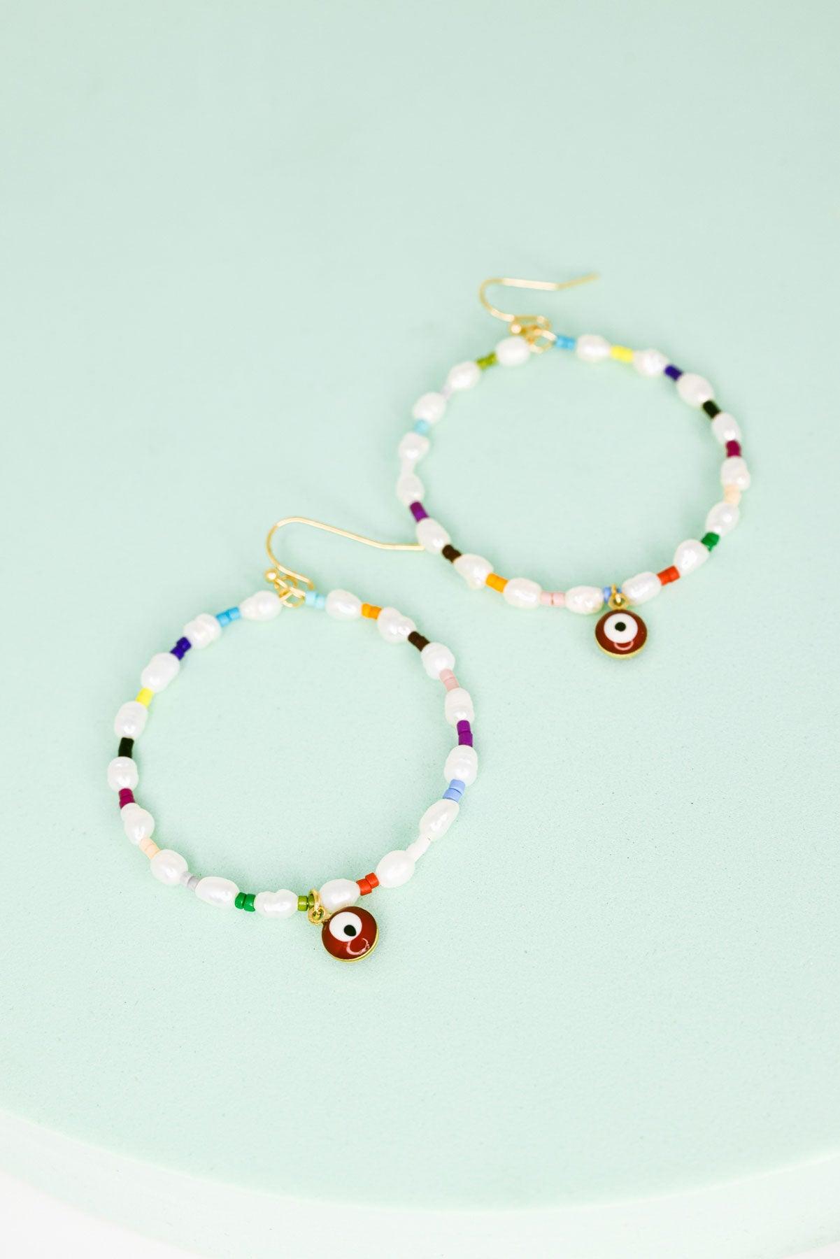 Evil Eye Stone Pearl With Seed Beads Metal Hoop Earrings - Tasha Apparel Wholesale