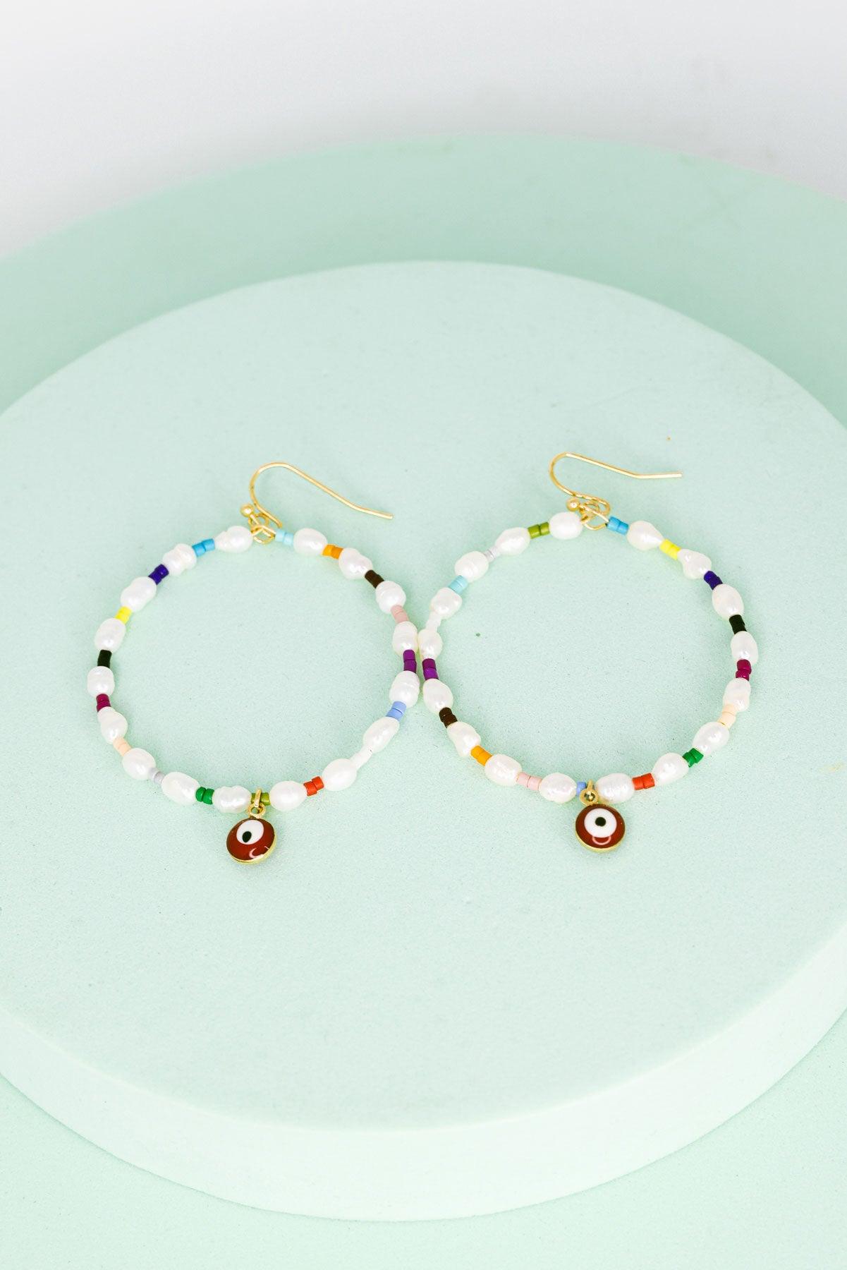 Evil Eye Stone Pearl With Seed Beads Metal Hoop Earrings - Tasha Apparel Wholesale