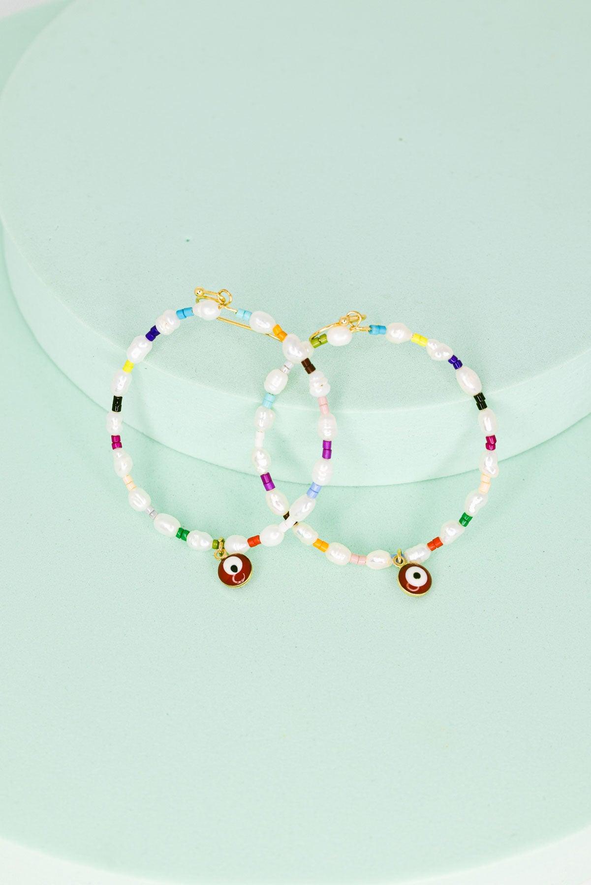 Evil Eye Stone Pearl With Seed Beads Metal Hoop Earrings - Tasha Apparel Wholesale