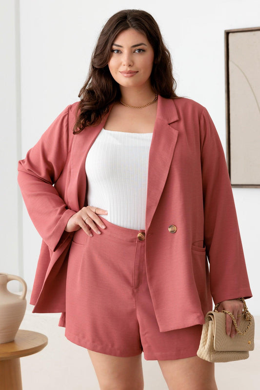 Plus Size Coral Blazer & Plated Short Set - Tasha Apparel Wholesale