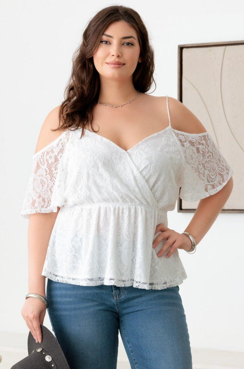 Plus Size Ivory Lace Off-The-Shoulder Wrap V-Neck Top - Tasha Apparel Wholesale