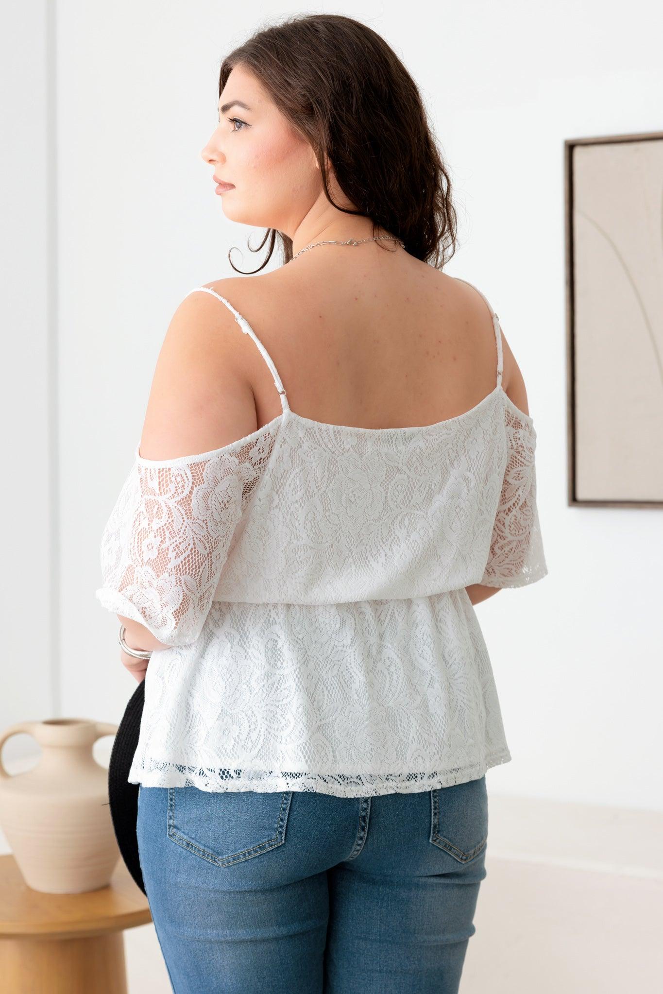 Plus Size Ivory Lace Off-The-Shoulder Wrap V-Neck Top - Tasha Apparel Wholesale