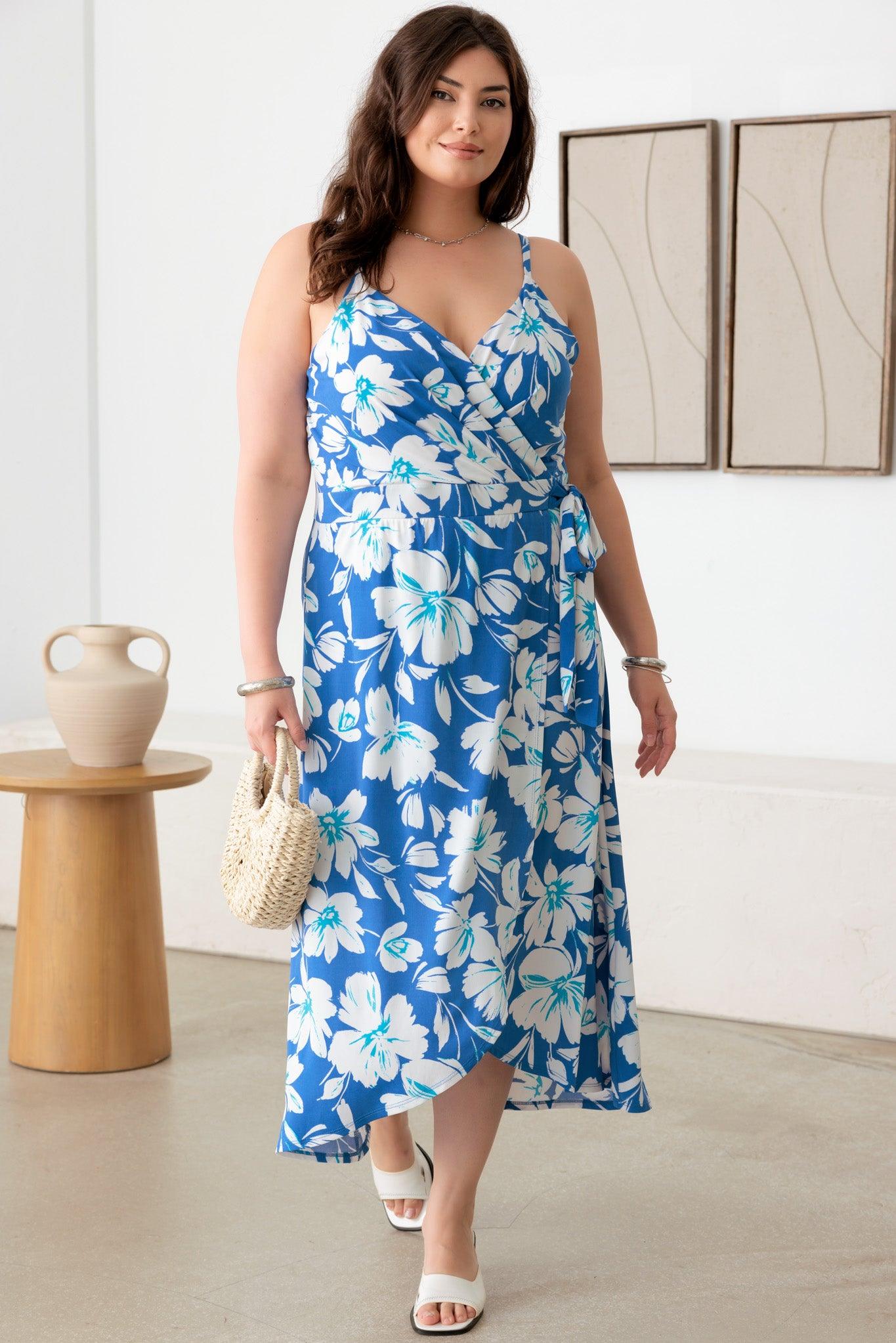 Plus Size Sleeveless Wrap Tie Band Midi Floral Dress - Tasha Apparel Wholesale