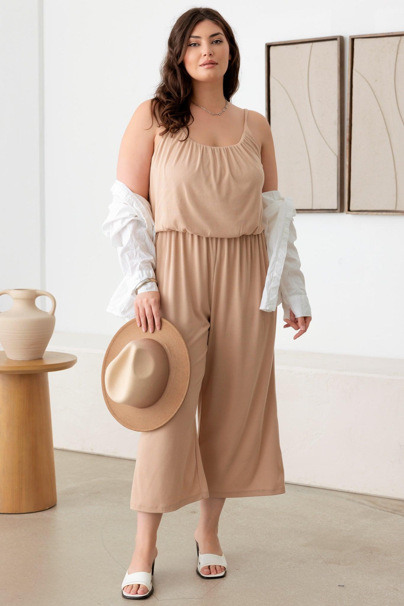 Plus Size Ribbed Cropped Spaghetti Strap Jumpsuit - Tasha Apparel Wholesale