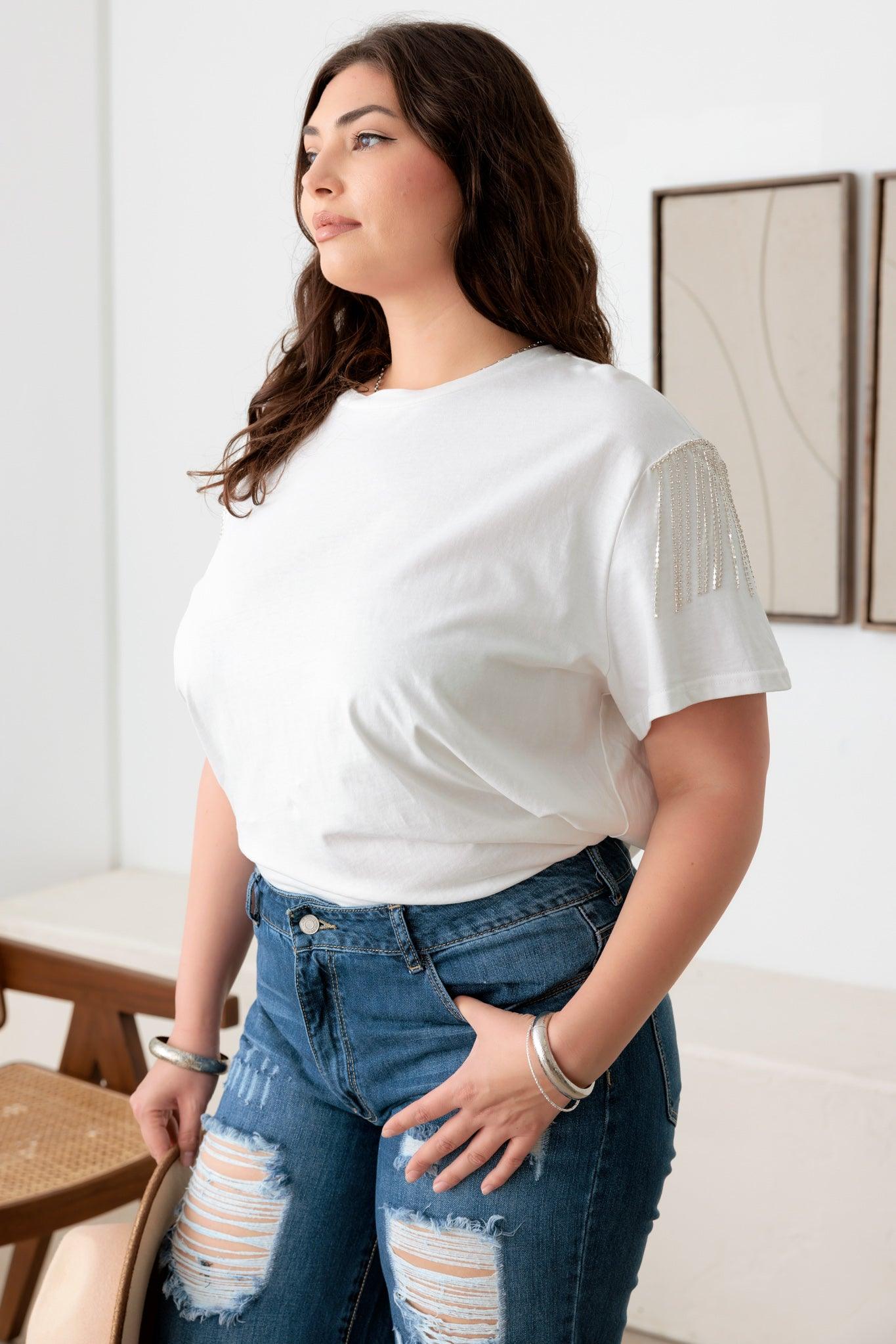 Plus Size White Rhinestone Fringe Short Sleeve T-Shirt - Tasha Apparel Wholesale