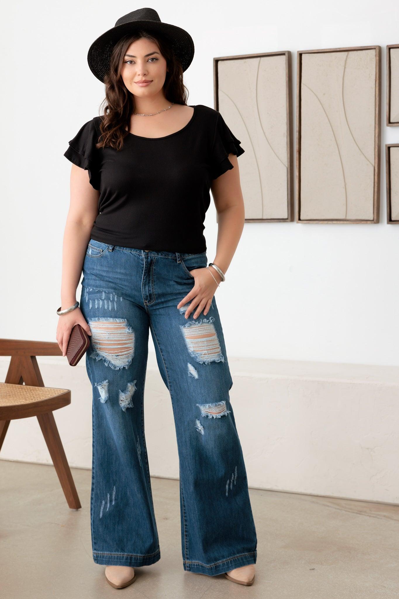 Plus Size High Rise Distressed Wide Leg Denim Jeans - Tasha Apparel Wholesale