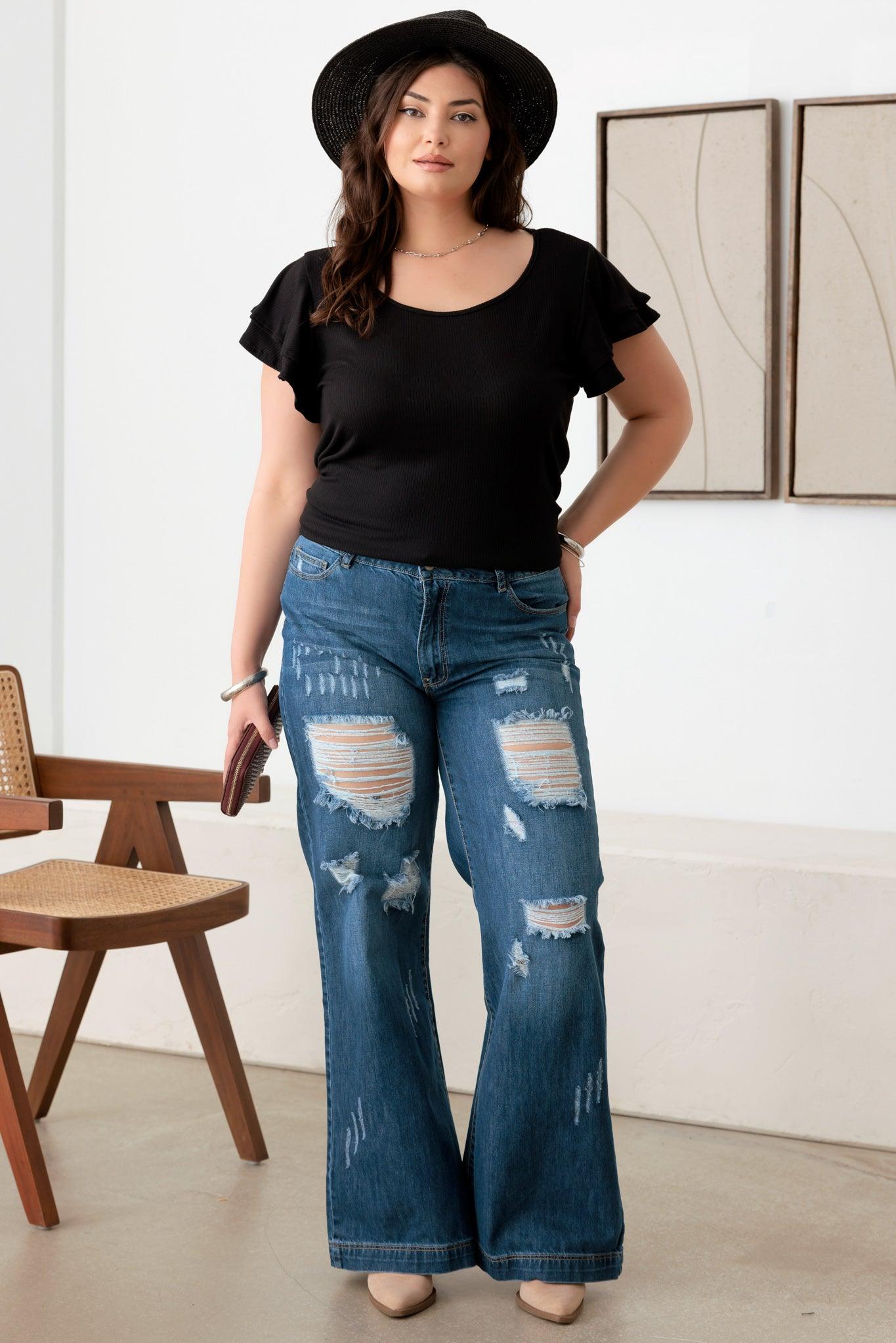 Plus Size High Rise Distressed Wide Leg Denim Jeans - Tasha Apparel Wholesale