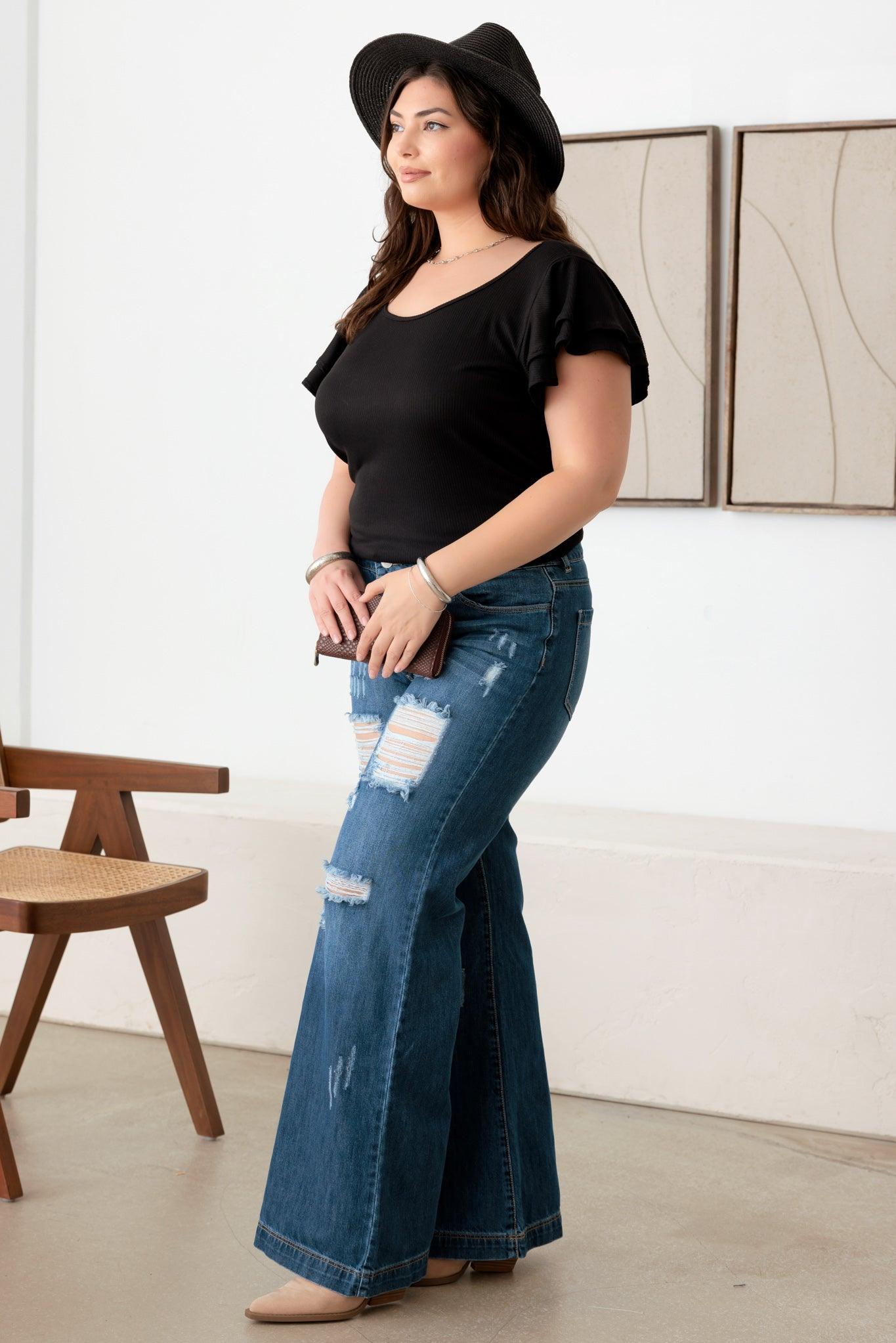 Plus Size High Rise Distressed Wide Leg Denim Jeans - Tasha Apparel Wholesale