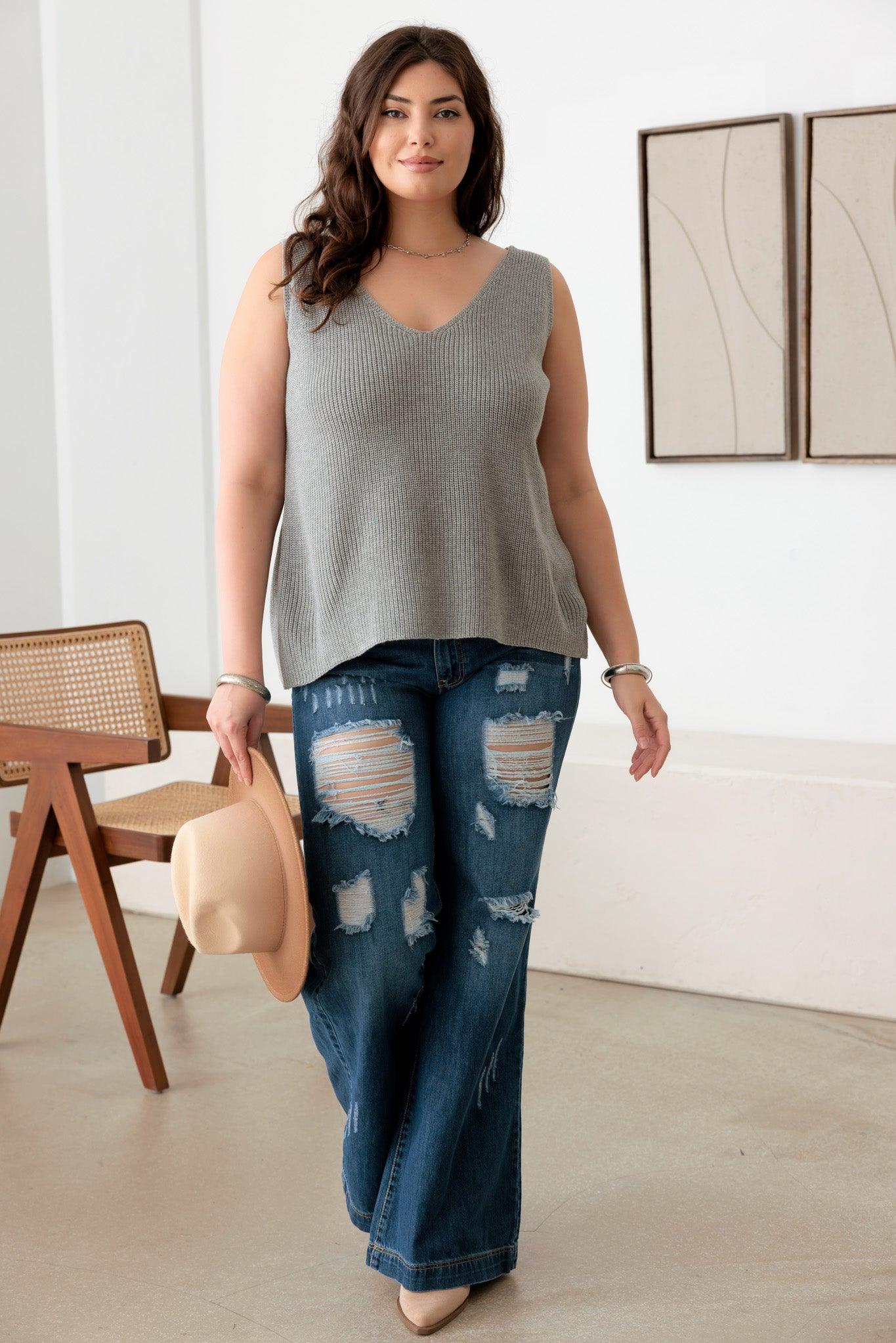 Plus Size Sleeveless V-Neck Sweater Top - Tasha Apparel Wholesale