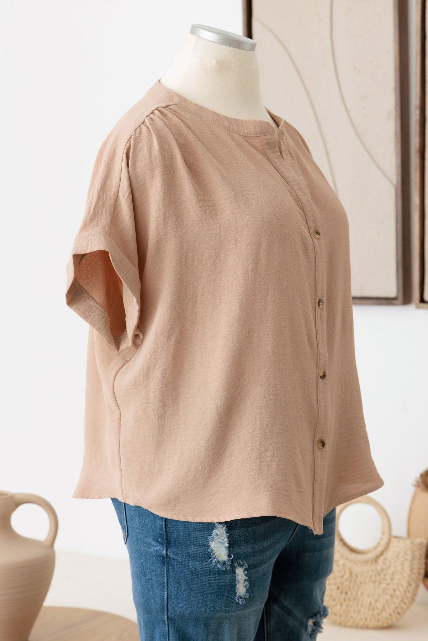 Plus Size Short Roll Up Sleeve Button Down Top - Tasha Apparel Wholesale