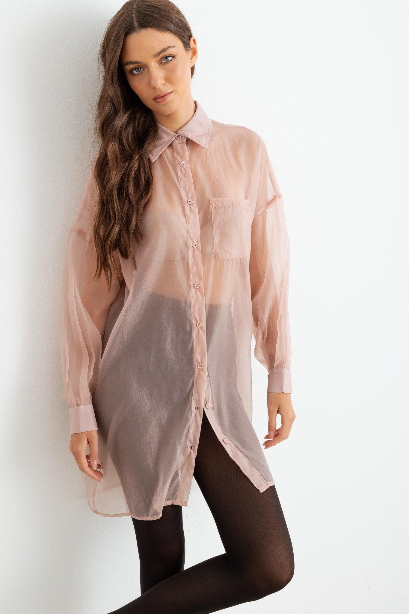 Pink Sheer Mesh Button-Up Long Sleeve Shirt zoom