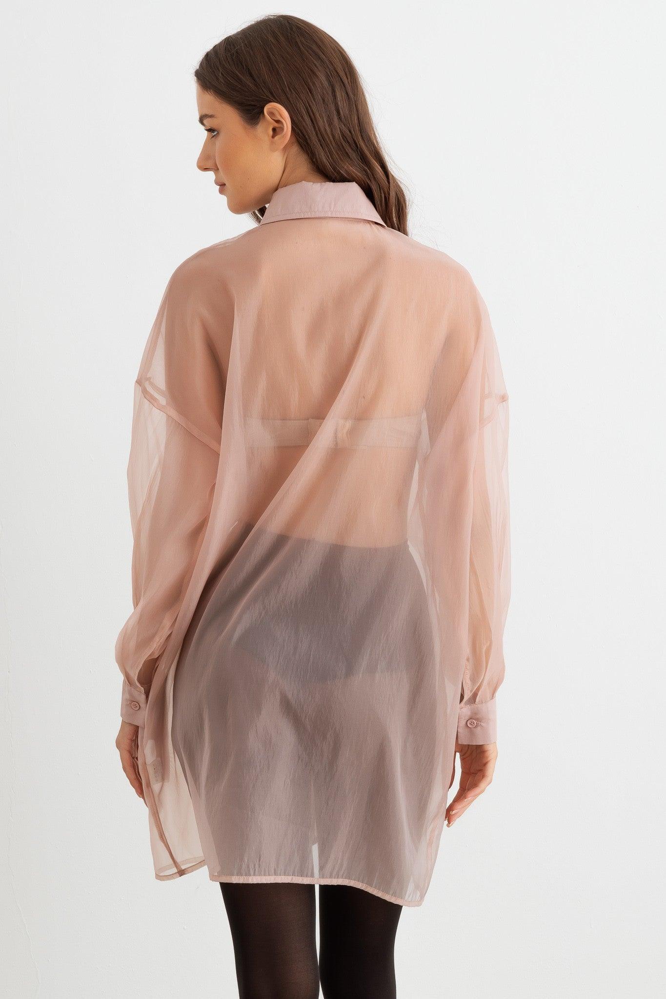 Pink Sheer Mesh Button-Up Long Sleeve Shirt back