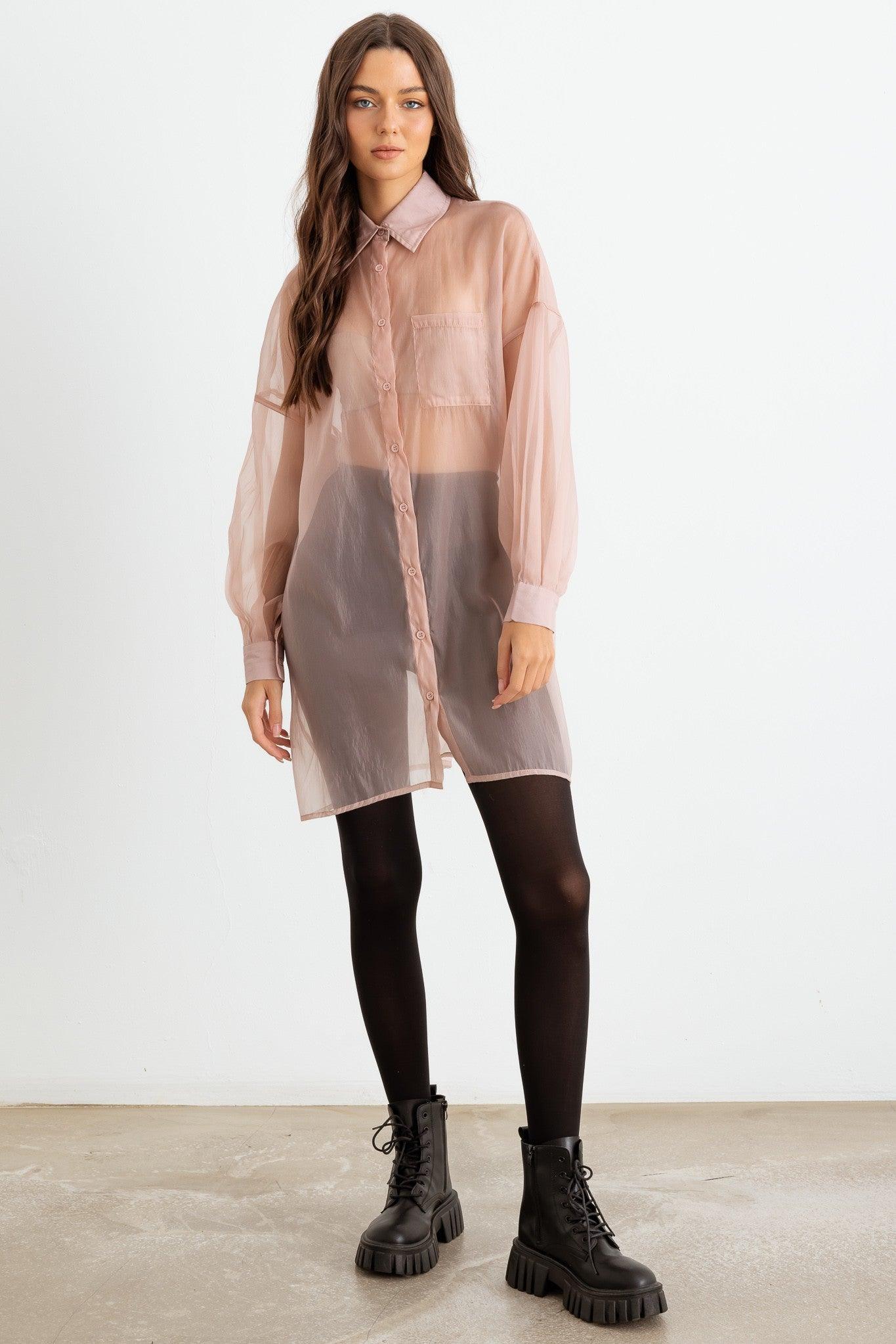 Pink Sheer Mesh Button-Up Long Sleeve Shirt full