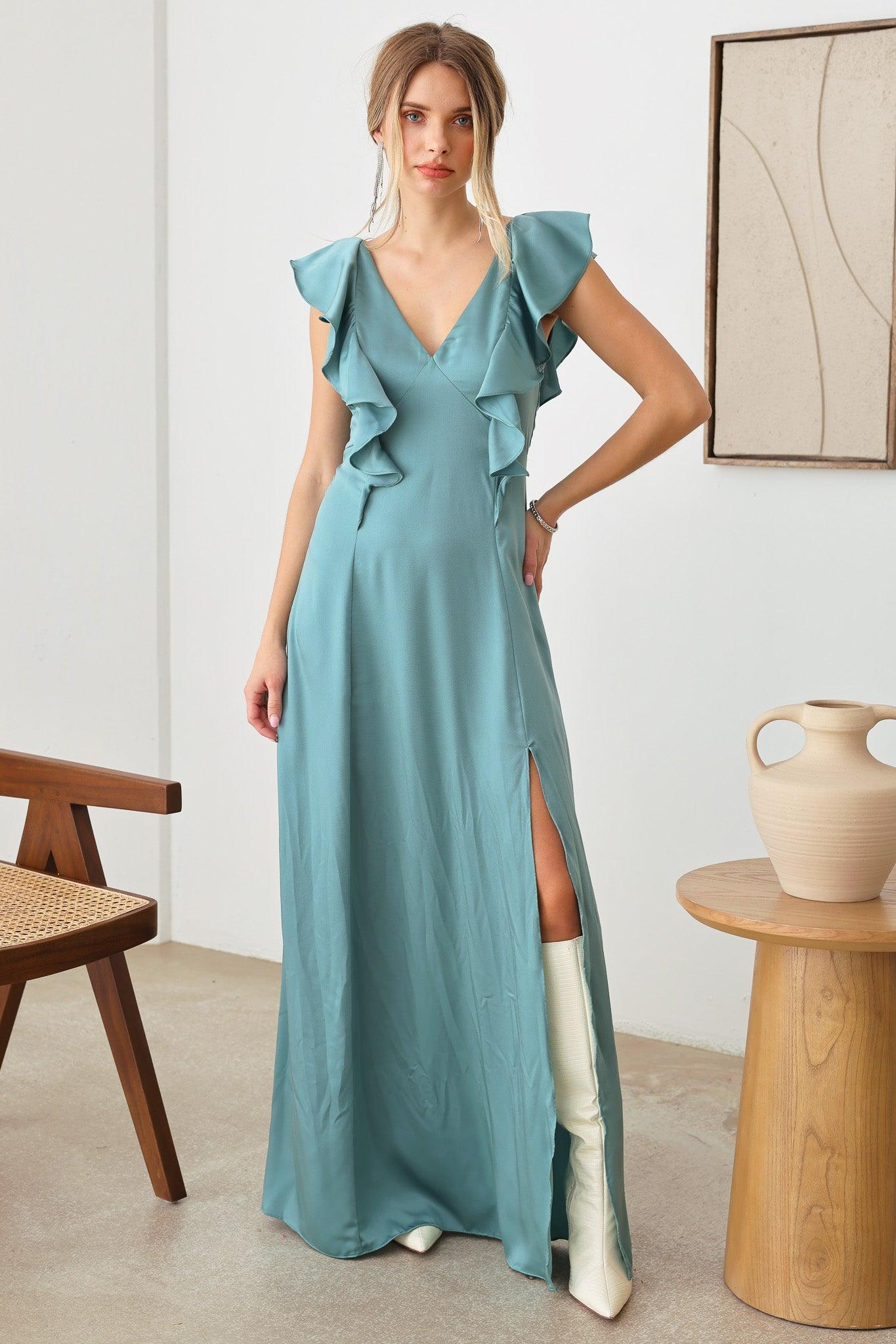 Satin Ruffle Shoulder Back Tie Strap Front Slit Maxi Dress - Tasha Apparel Wholesale