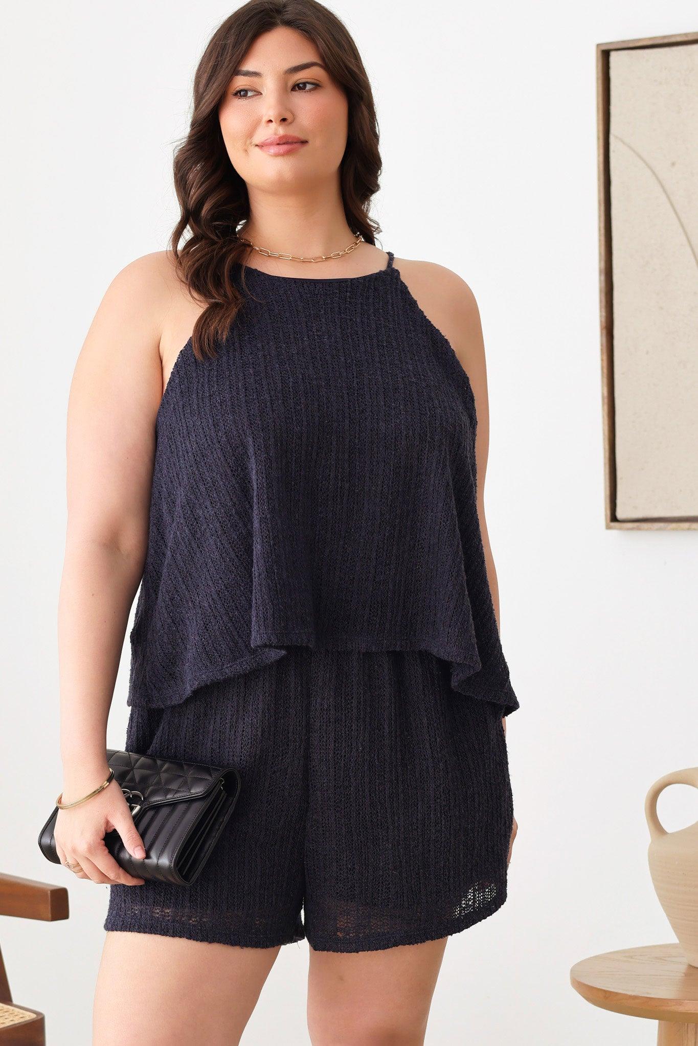 Plus Size Solid Knit Sleeveless Halter Neckline Two Pocket Rompers - Tasha Apparel Wholesale