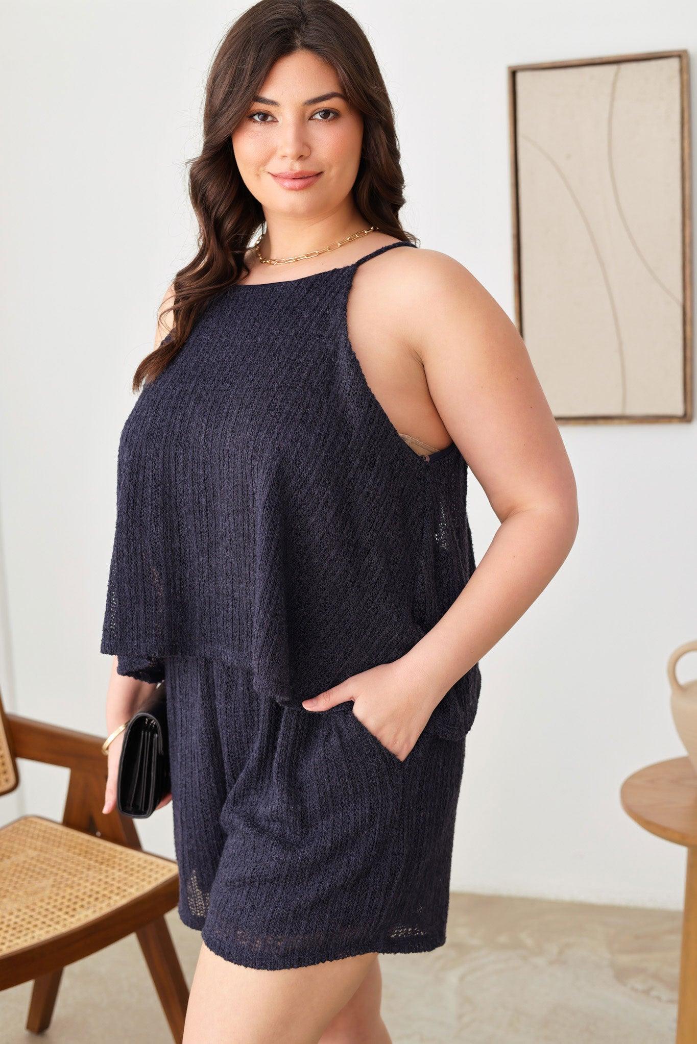 Plus Size Solid Knit Sleeveless Halter Neckline Two Pocket Rompers - Tasha Apparel Wholesale