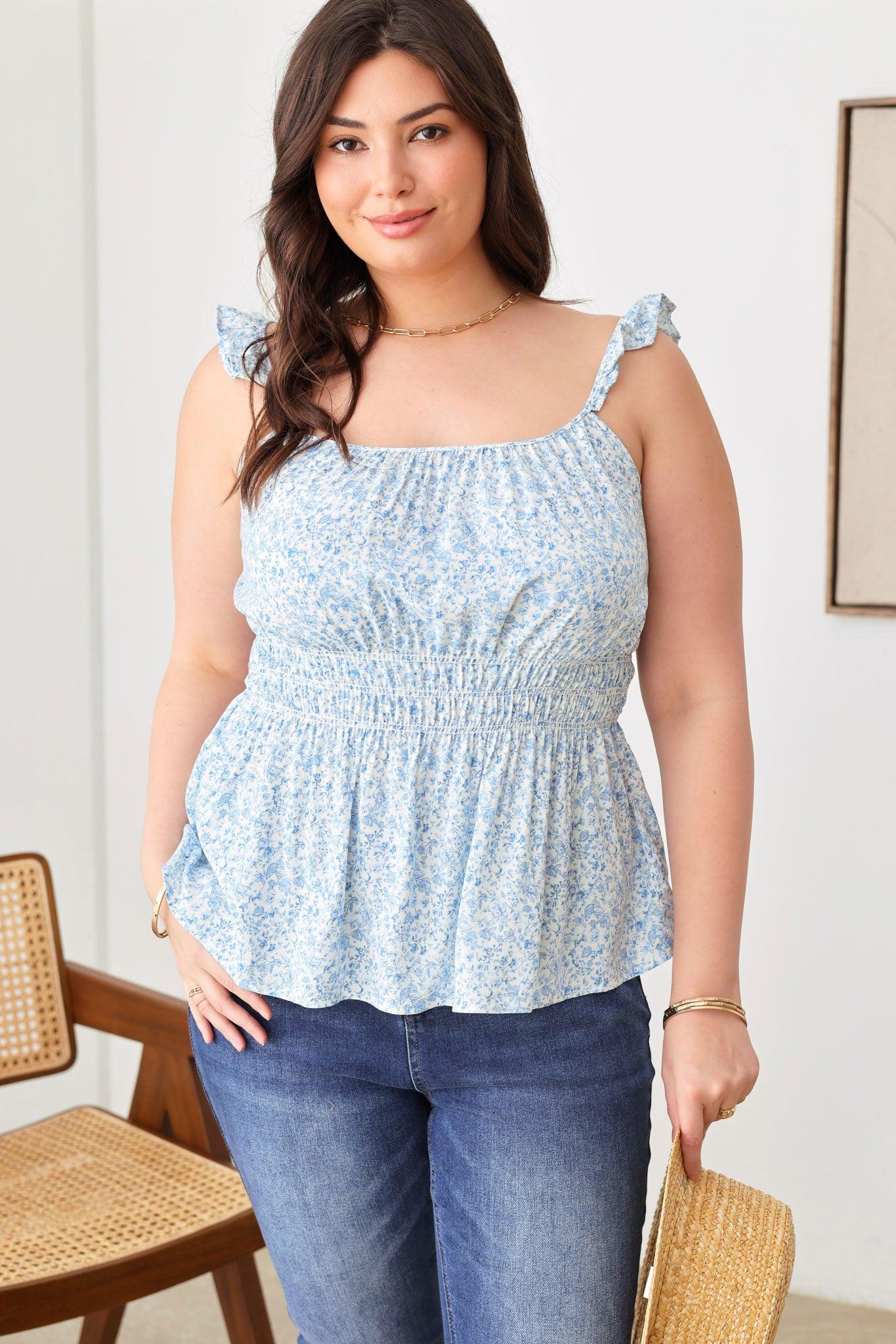 Plus Size Boho Ditsy Ruffle Shoulder Strap Smocked Flare Hem Tank Top - Tasha Apparel Wholesale