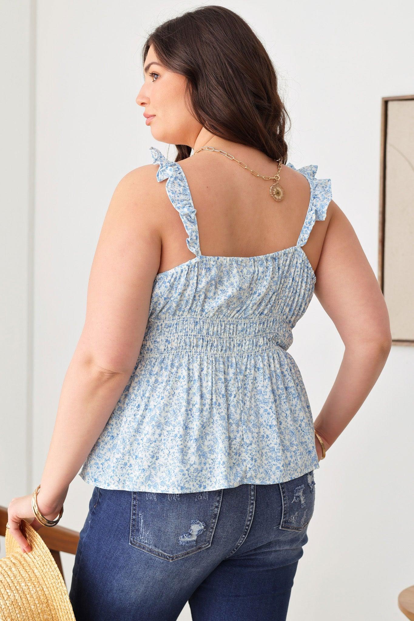 Plus Size Boho Ditsy Ruffle Shoulder Strap Smocked Flare Hem Tank Top - Tasha Apparel Wholesale