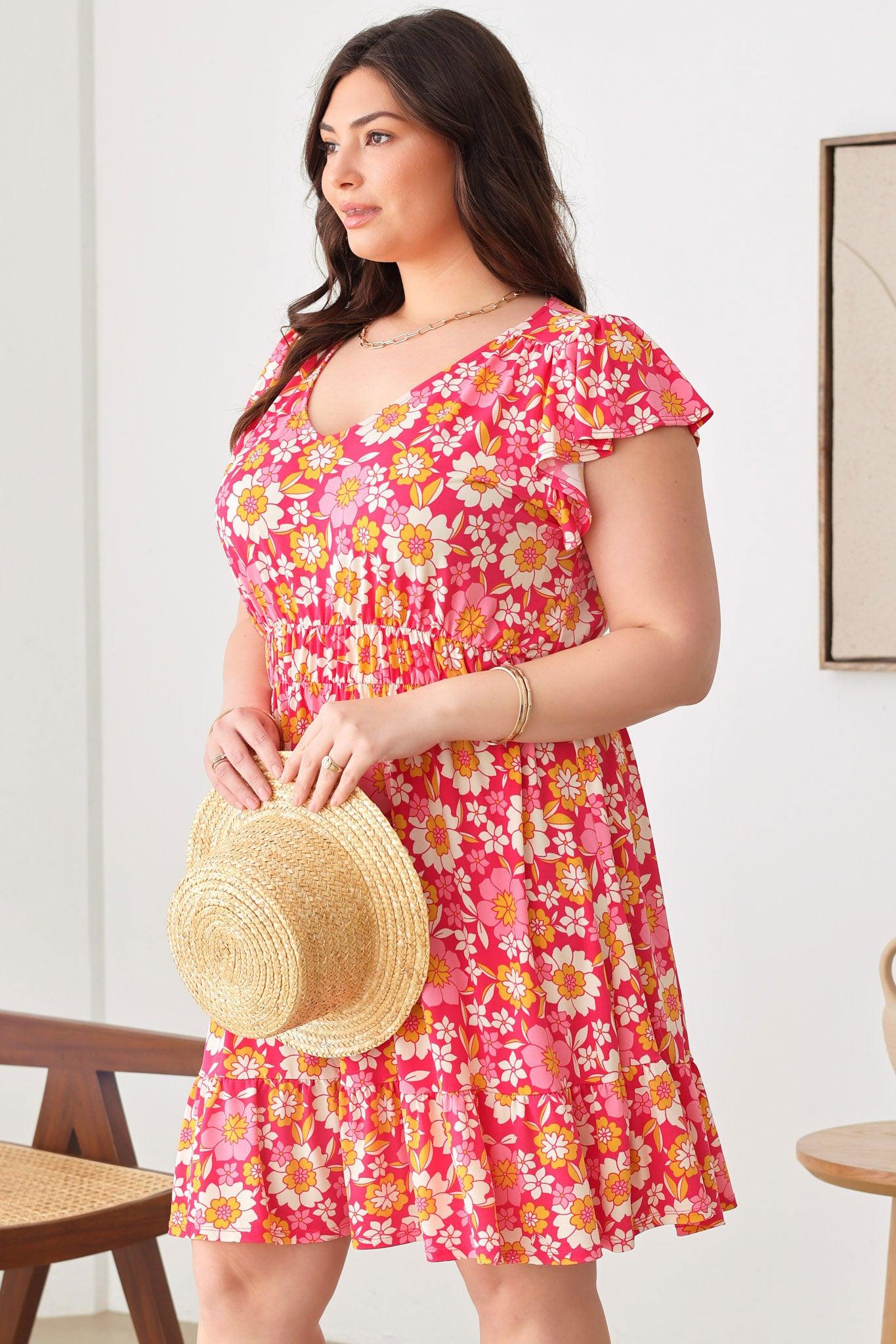 Plus Size Floral Print Boho Ruffle Short Sleeve Tiered Ruffle Trim Knee Length Dress - Tasha Apparel Wholesale