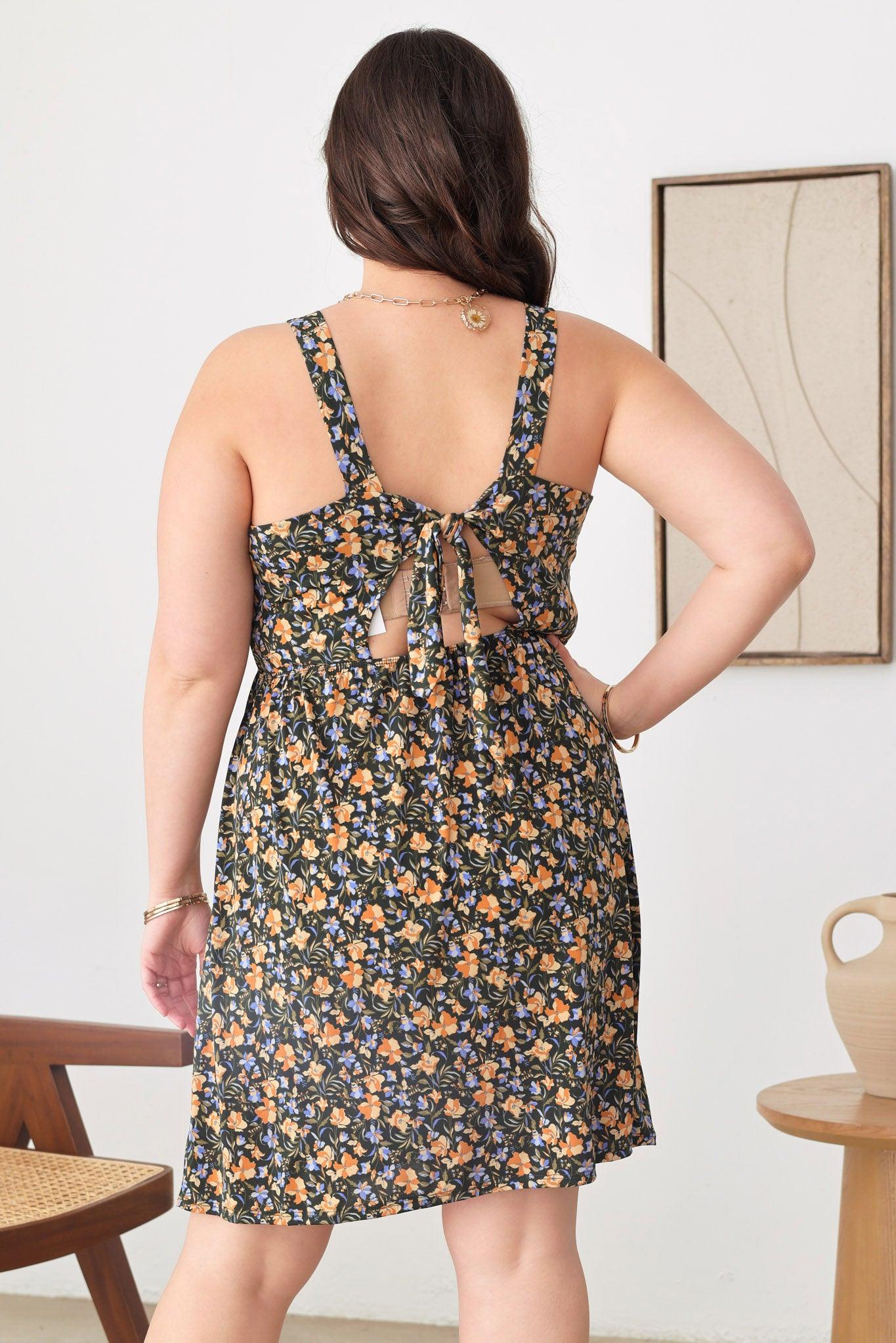 Plus Size Floral Open Back Self Back Tie Midi Dress - Tasha Apparel Wholesale