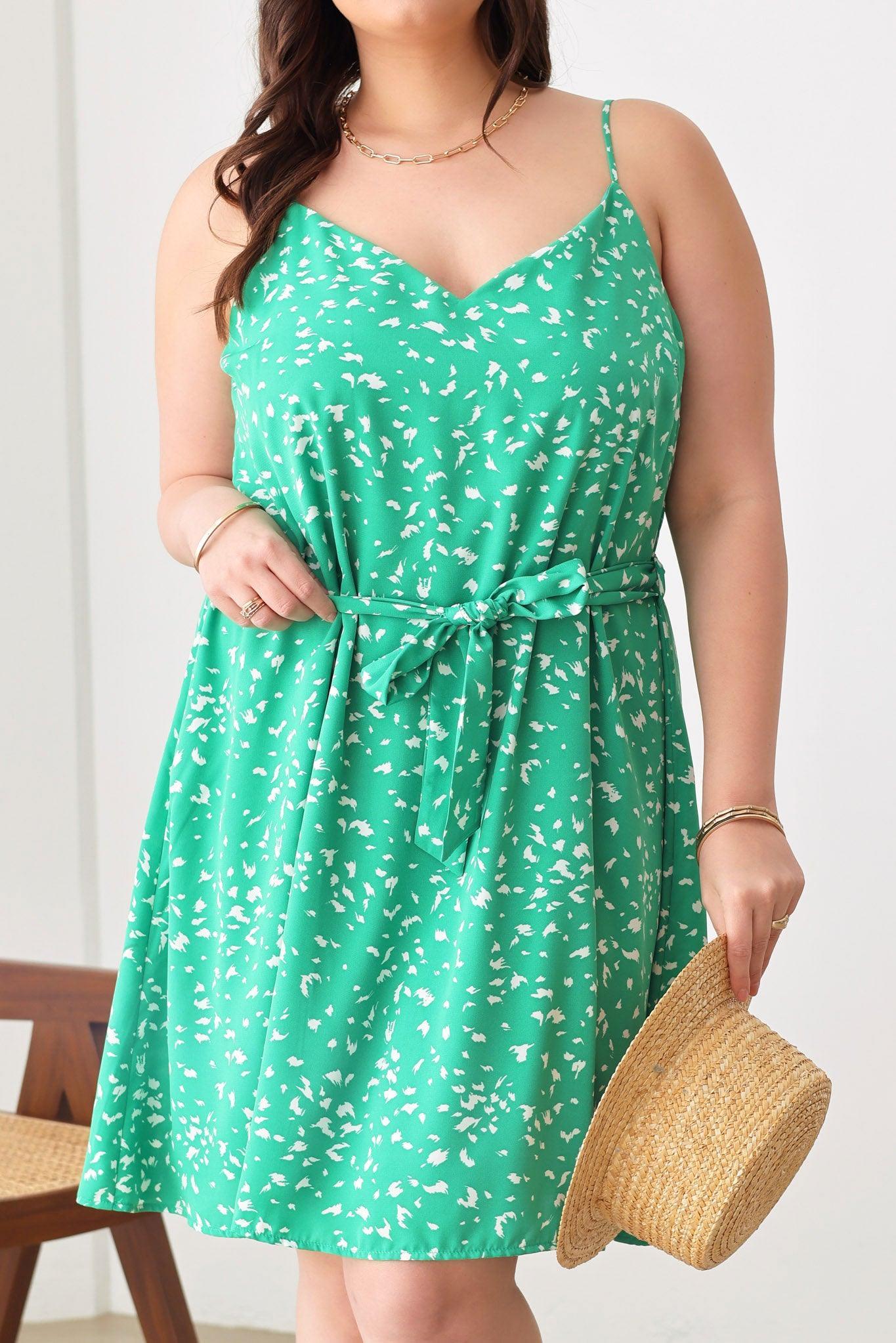 Plus Size Sleeveless Waist Tie Ditsy Print Dress - Tasha Apparel Wholesale