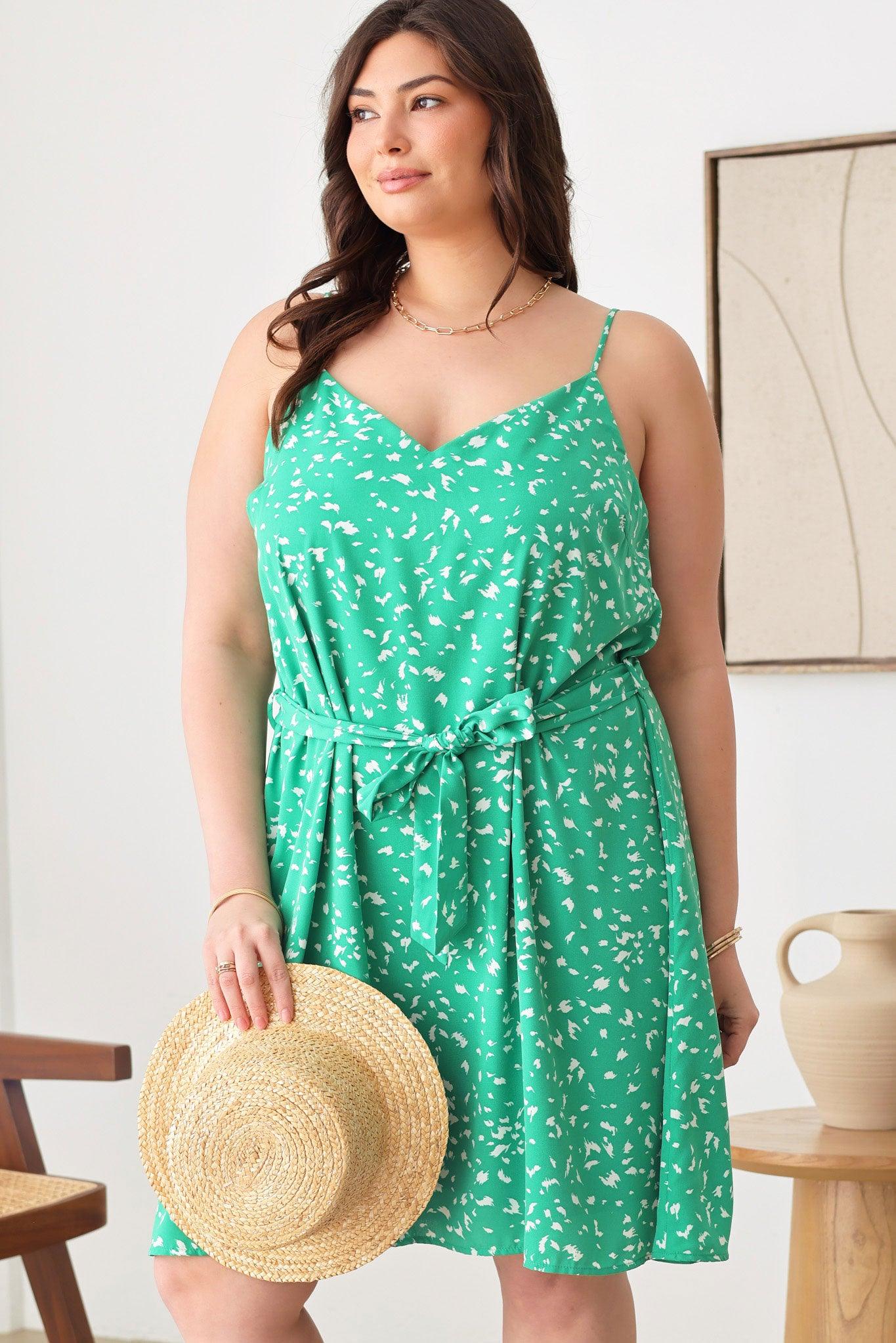 Plus Size Sleeveless Waist Tie Ditsy Print Dress - Tasha Apparel Wholesale