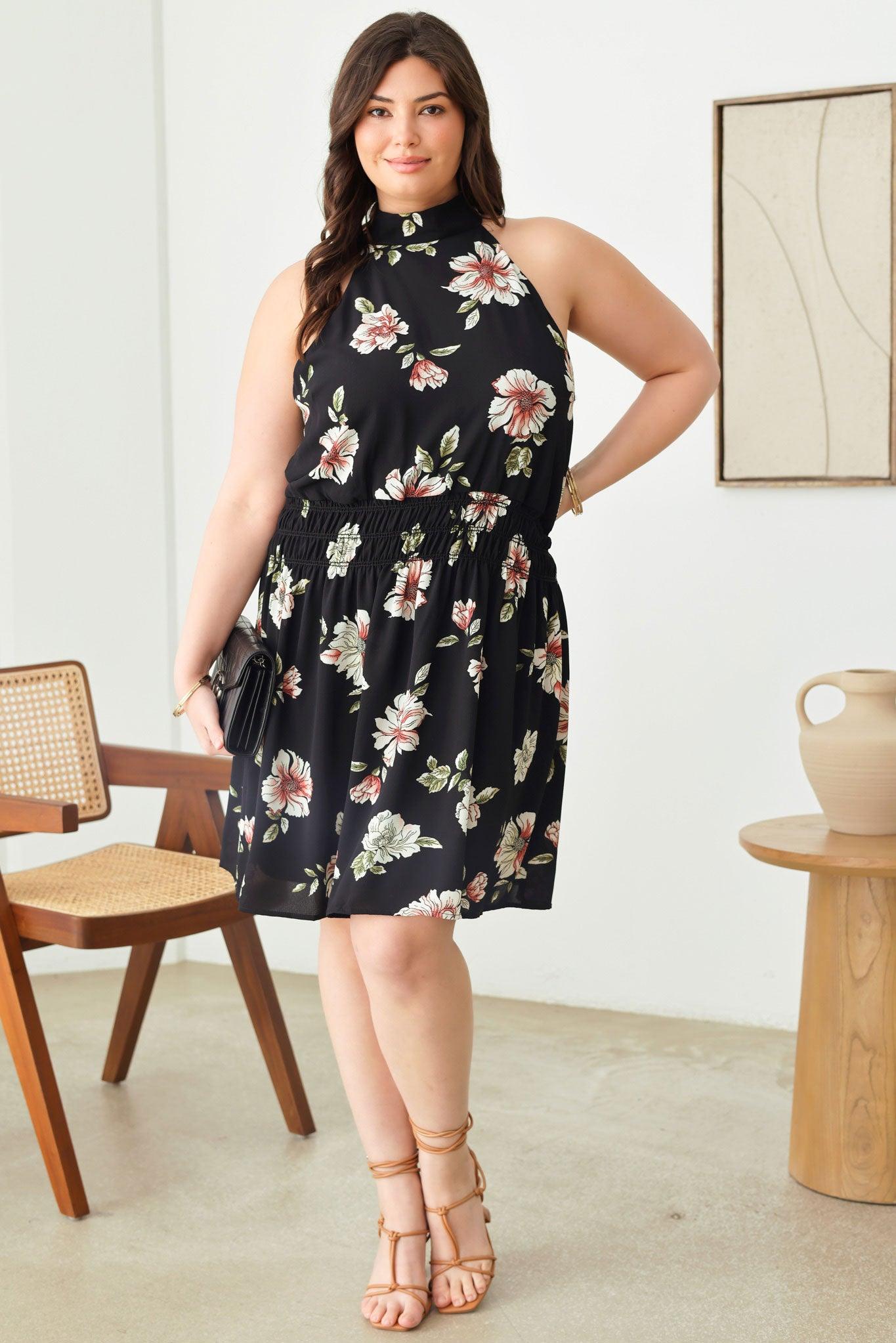 Wholesale Plus Size Floral Print Knee Length Sleeveless Halter Dress