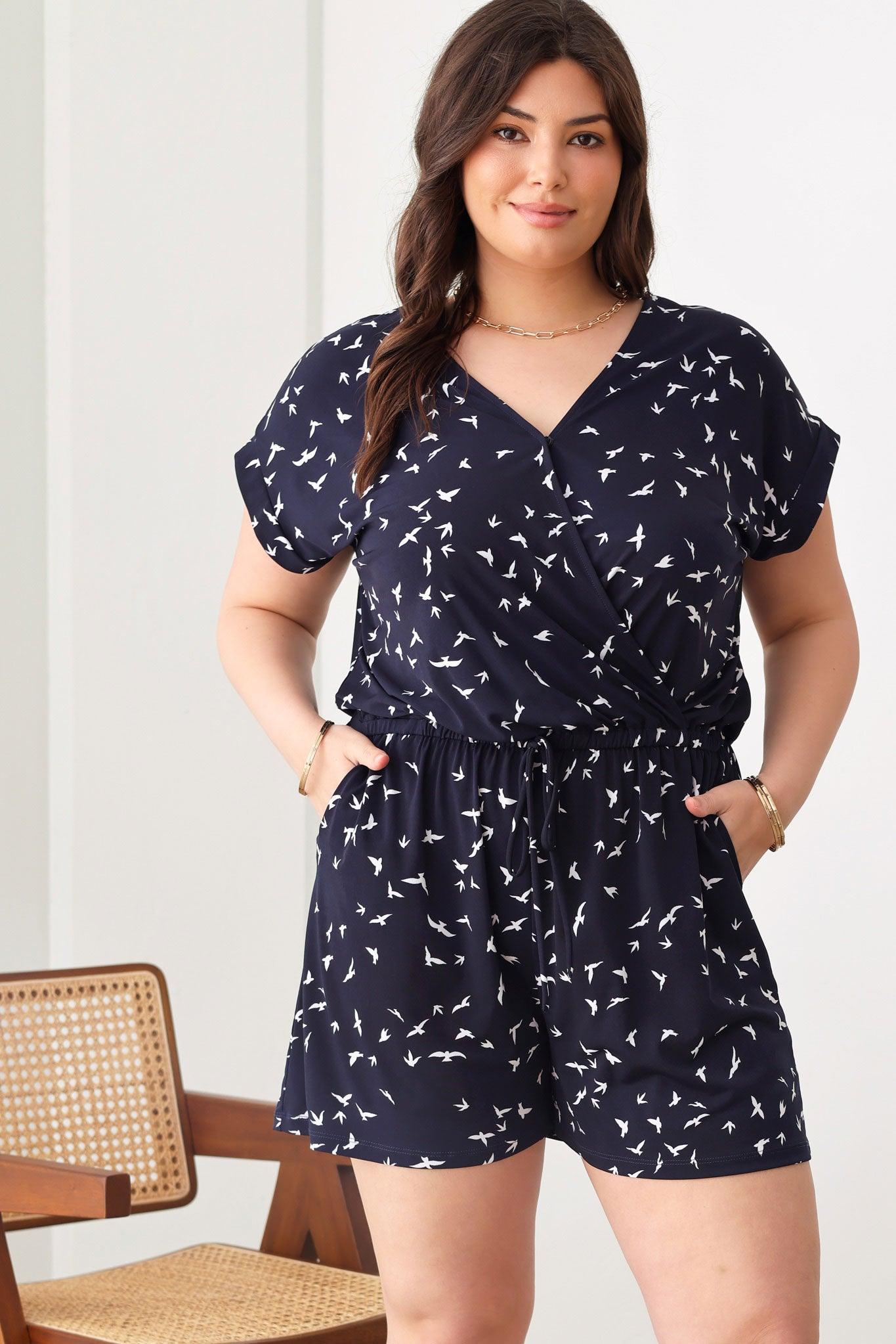 Plus Size Birds Print Short Sleeve Adjustable Belt Warp Rompers - Tasha Apparel Wholesale