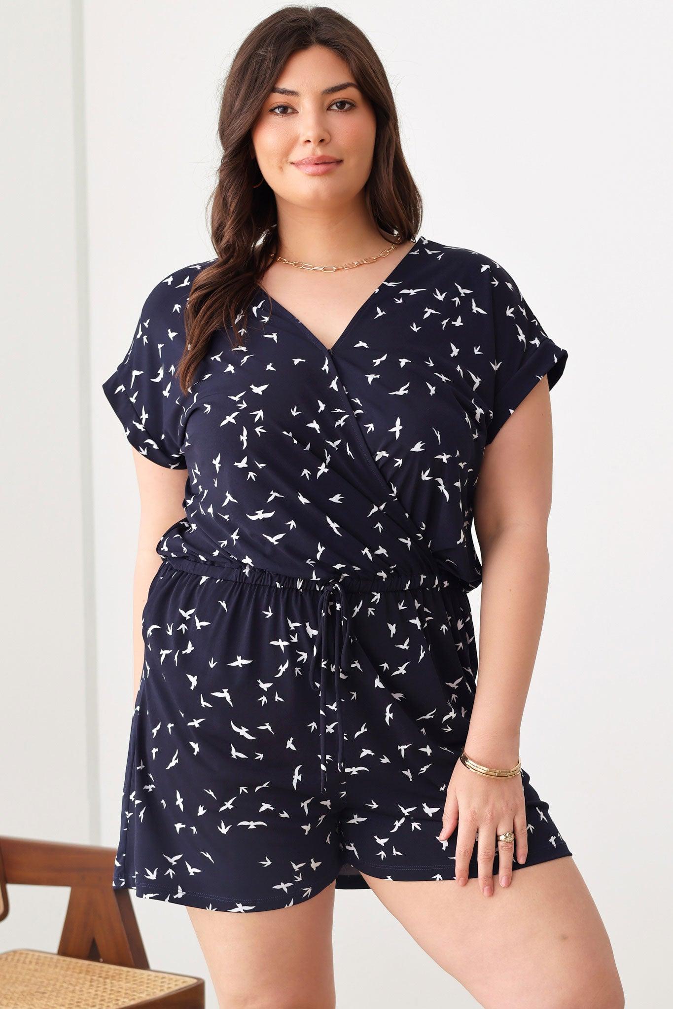 Plus Size Birds Print Short Sleeve Adjustable Belt Warp Rompers - Tasha Apparel Wholesale