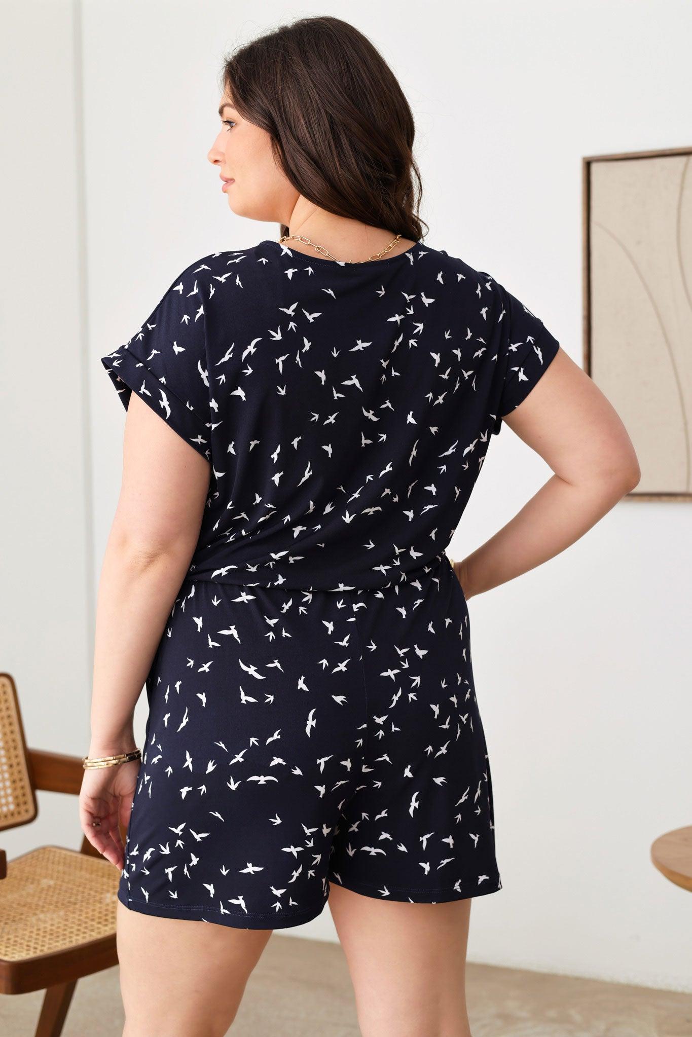 Plus Size Birds Print Short Sleeve Adjustable Belt Warp Rompers - Tasha Apparel Wholesale