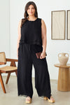 Plus Size Sleeveless Frayed Silhouette Frayed Neckline Top & Long Front Tie Frayed Hem Pants Set - Tasha Apparel Wholesale