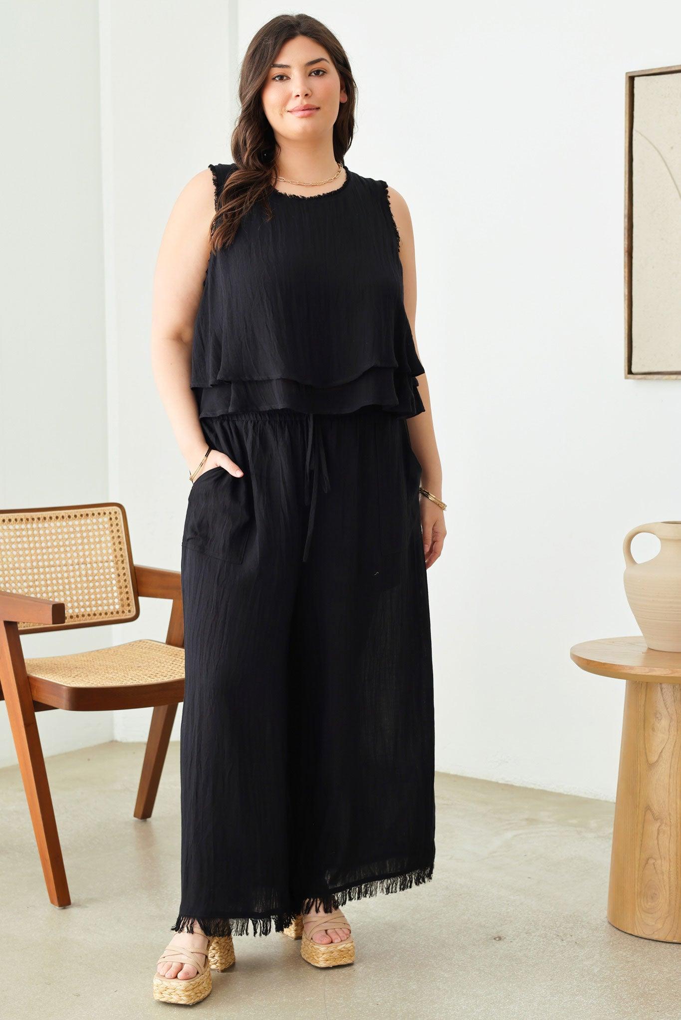 Plus Size Sleeveless Frayed Silhouette Frayed Neckline Top & Long Front Tie Frayed Hem Pants Set - Tasha Apparel Wholesale